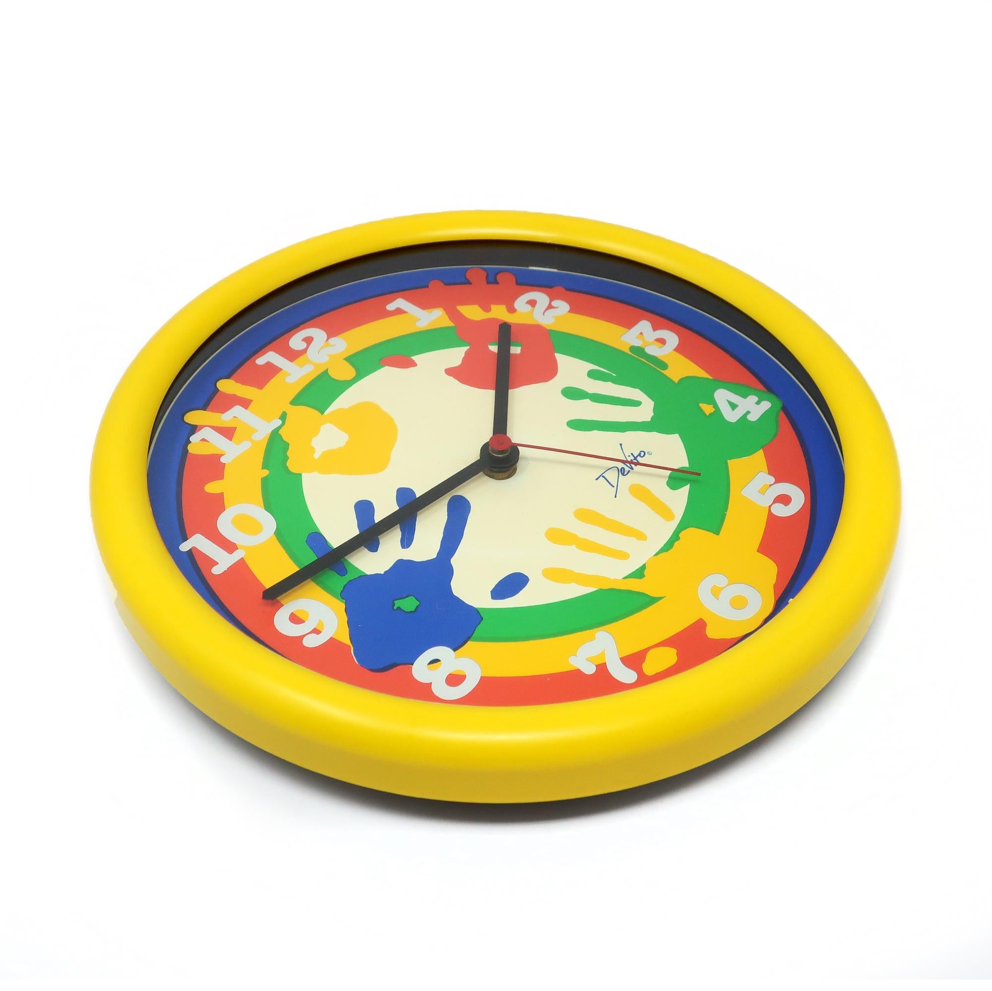 Post-Modern 1980s Colorful Handprint Wall Clock by Devito For Sale