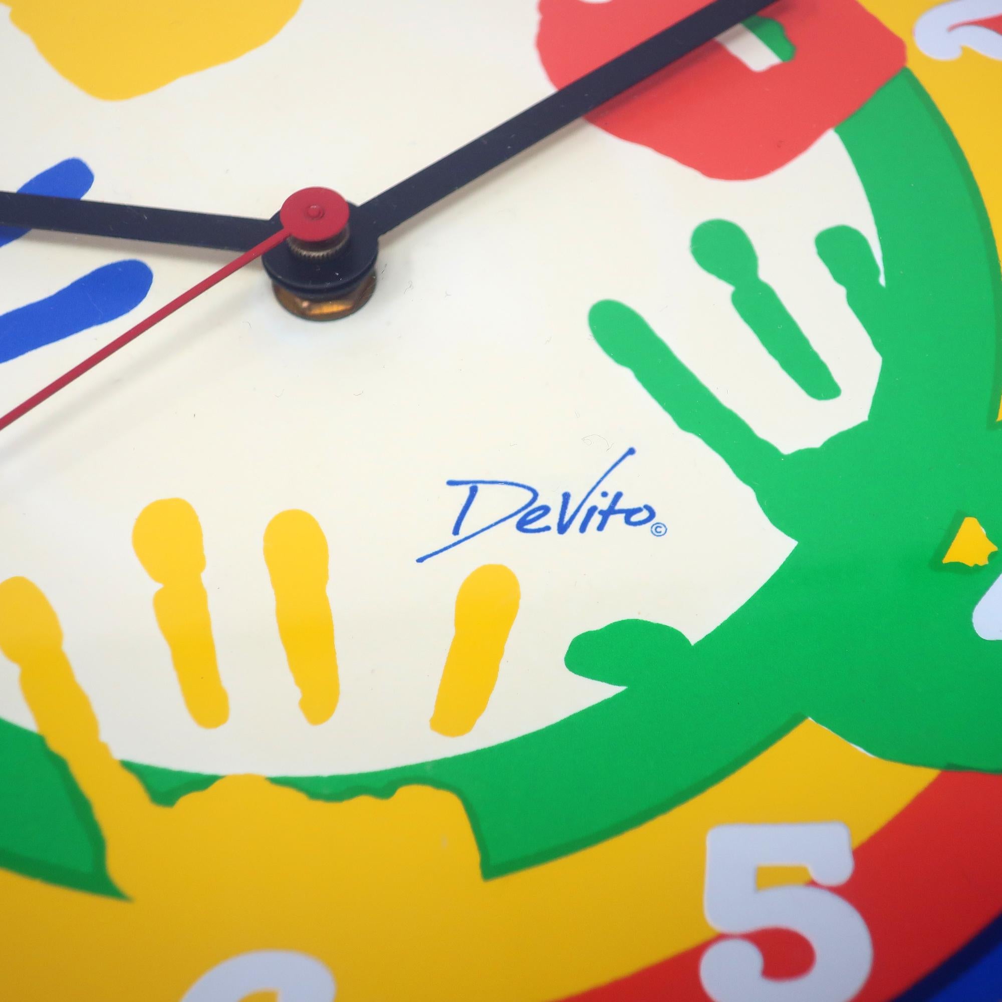 1980s Colorful Handprint Wall Clock by Devito In Good Condition For Sale In Brooklyn, NY