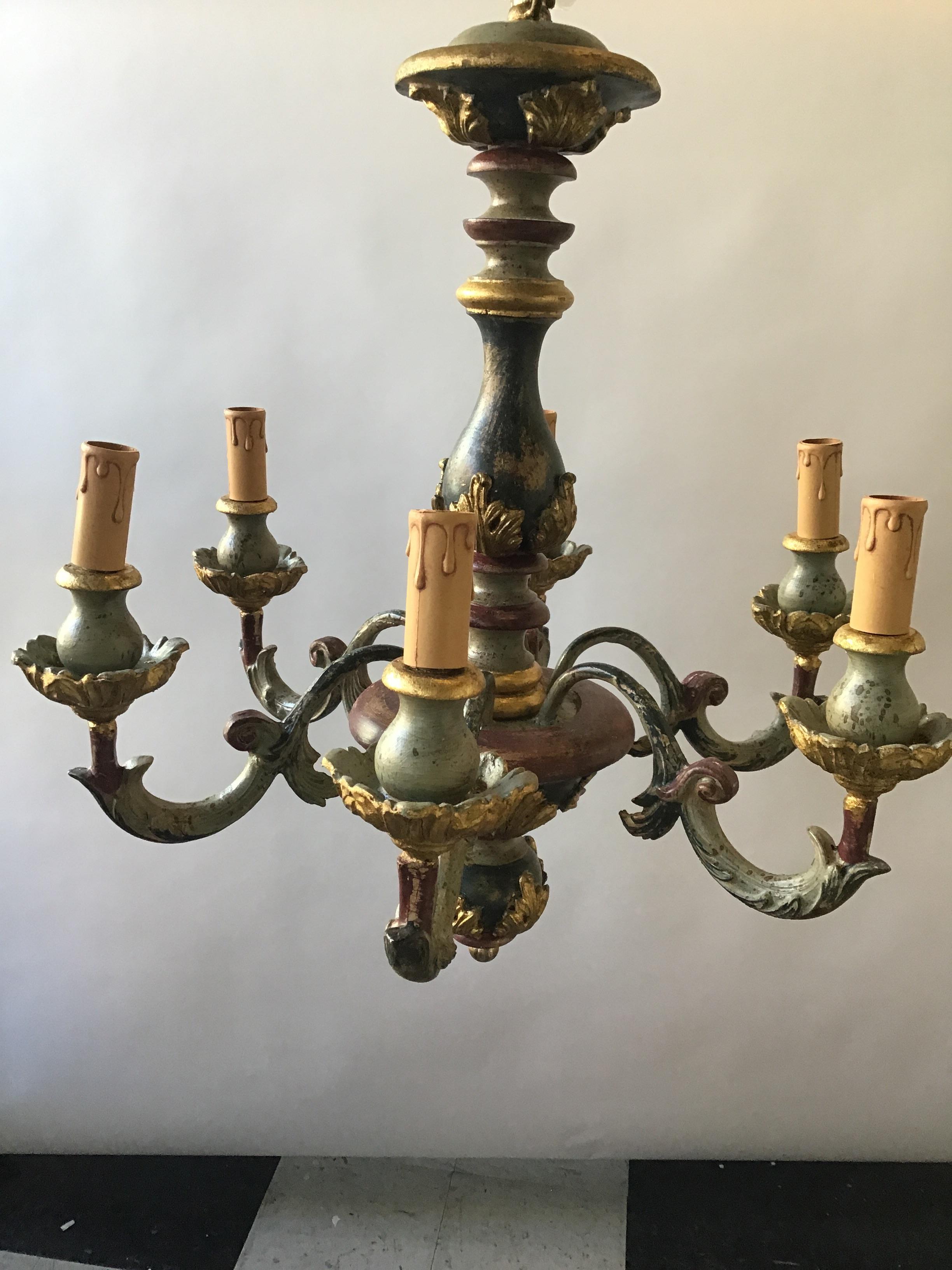 1980s Colorful Italian Carved Wood Chandelier In Excellent Condition In Tarrytown, NY