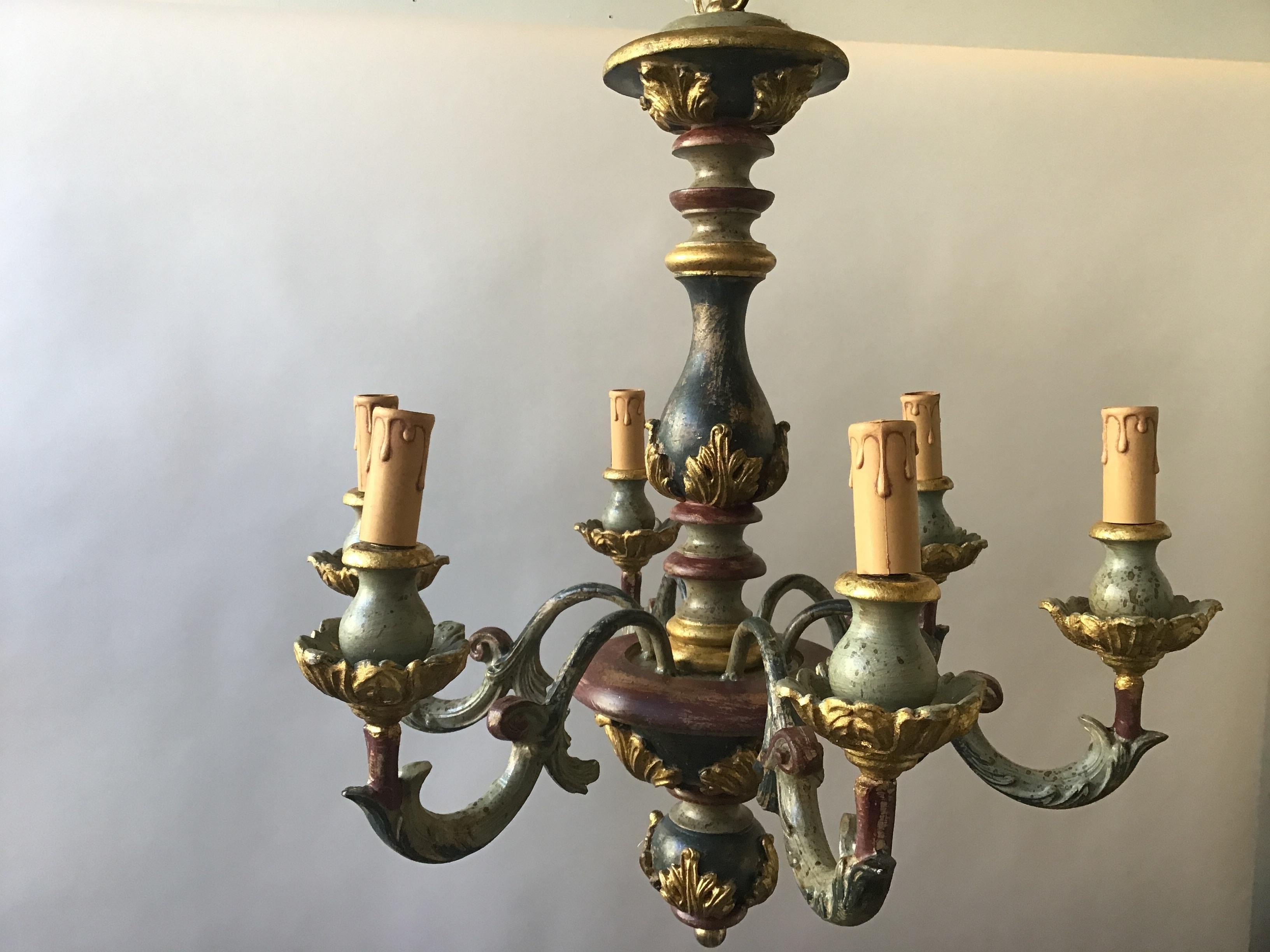 Late 20th Century 1980s Colorful Italian Carved Wood Chandelier