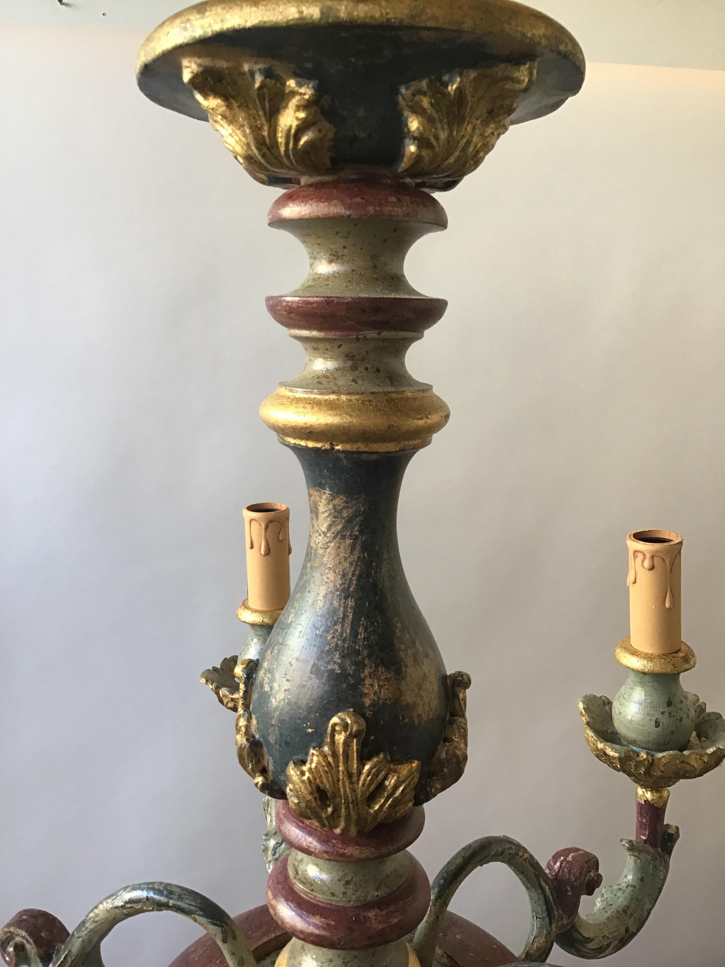 1980s Colorful Italian Carved Wood Chandelier 4