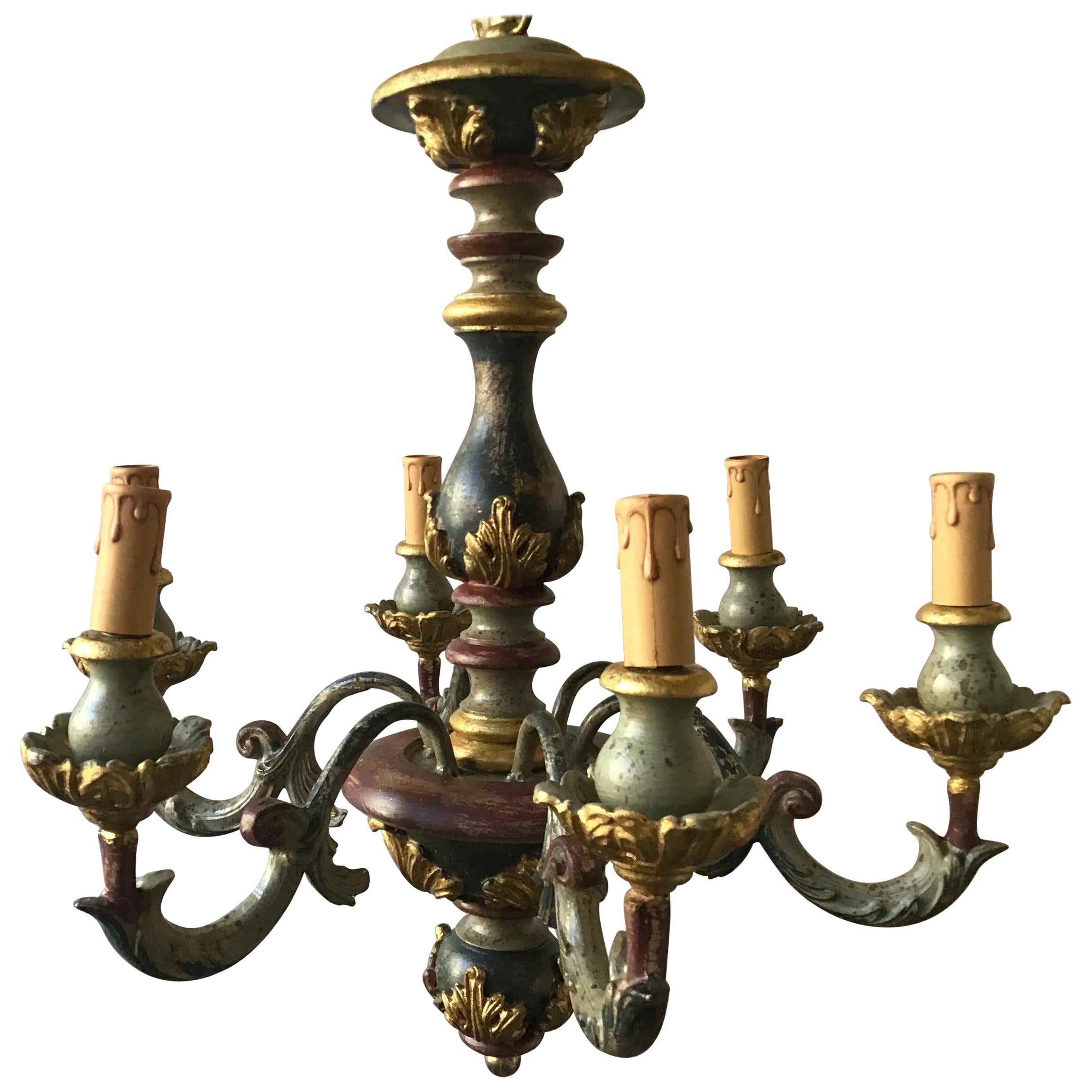 1980s Colorful Italian Carved Wood Chandelier