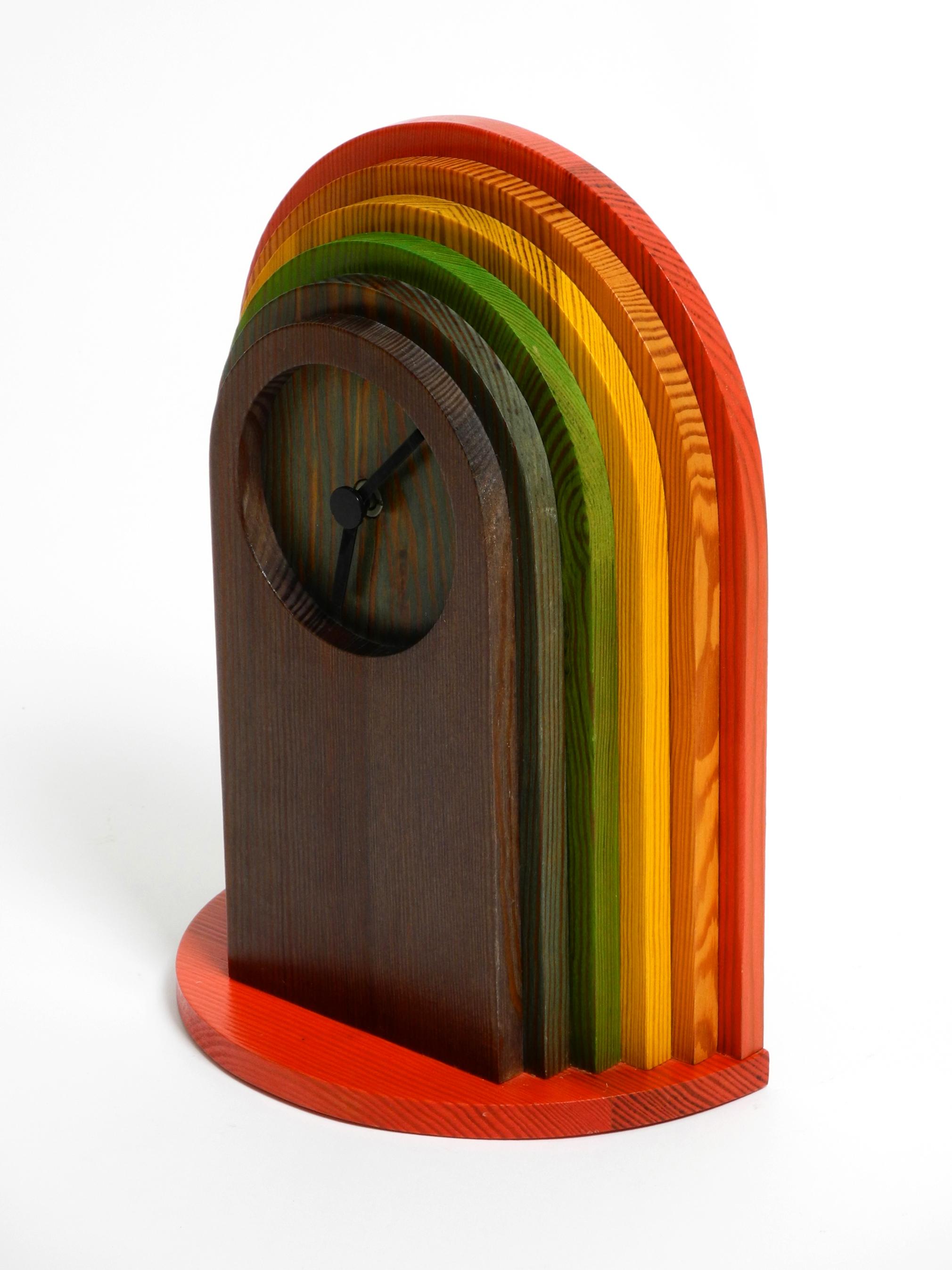 Post-Modern 1980s, Colorful Pine Wood Table Clock in Postmodern Design by Legnomagia Italy