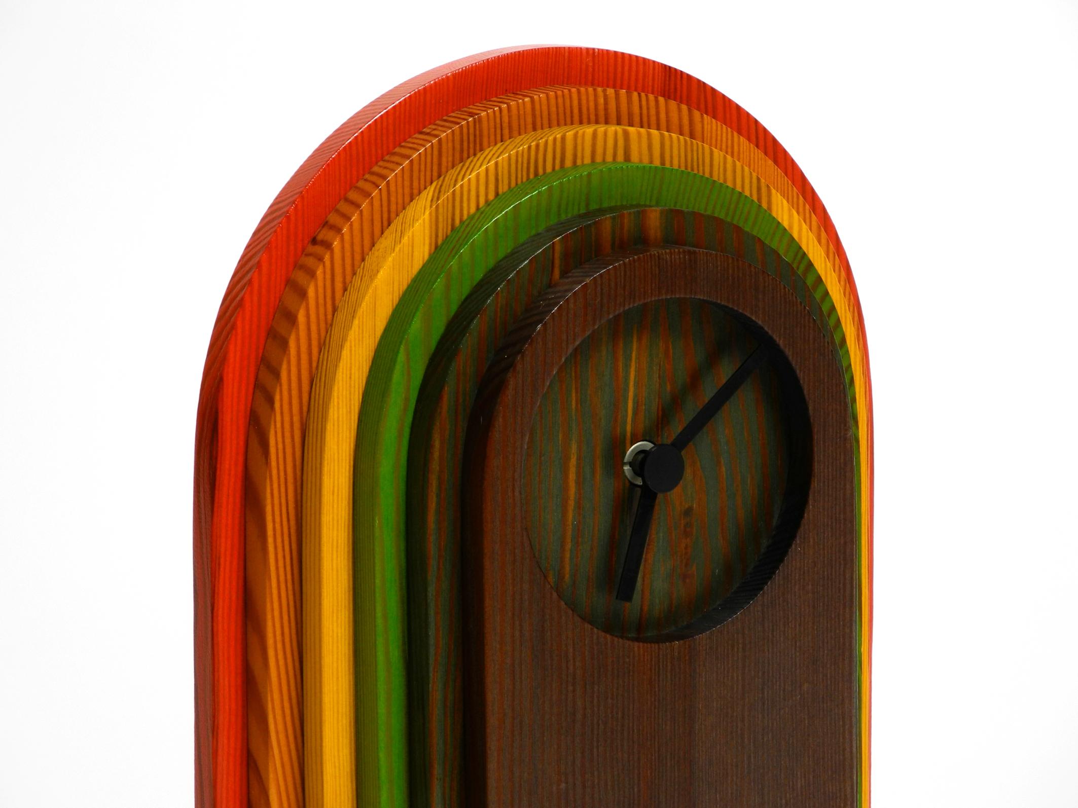 1980s, Colorful Pine Wood Table Clock in Postmodern Design by Legnomagia Italy 1
