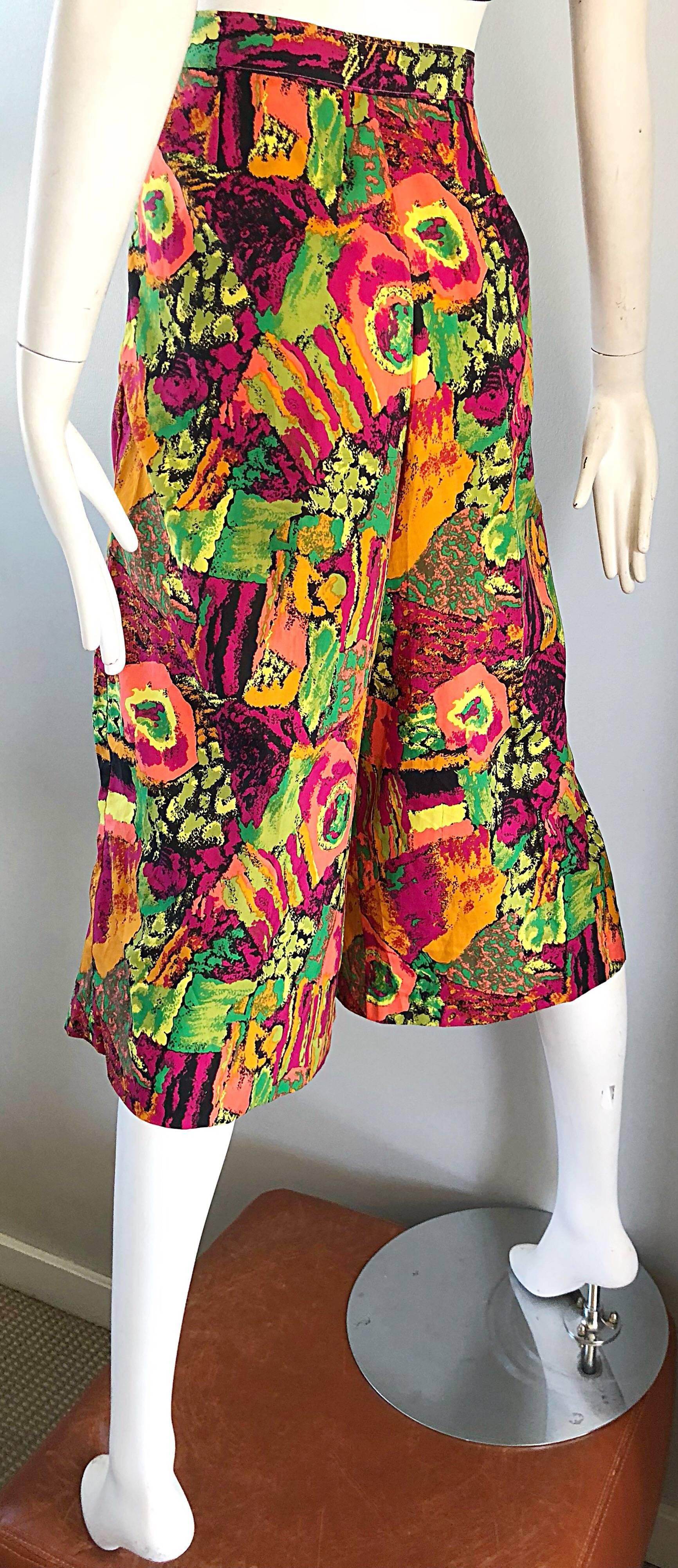 1980s Colorful Pink + Green + Orange Vintage 80s High Waisted Wide Leg Culottes  For Sale 2