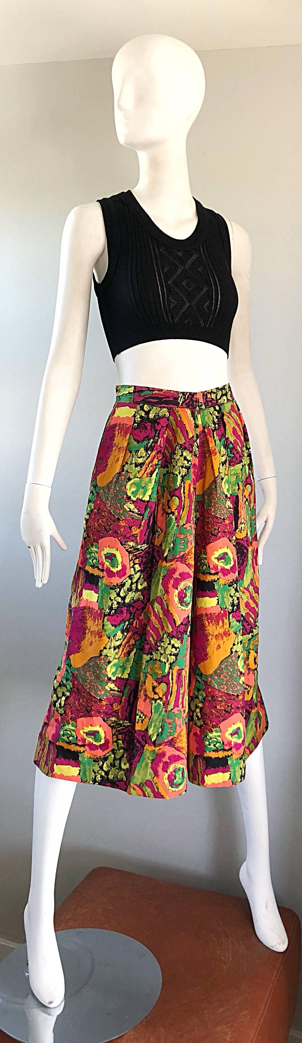 1980s Colorful Pink + Green + Orange Vintage 80s High Waisted Wide Leg Culottes For Sale 3