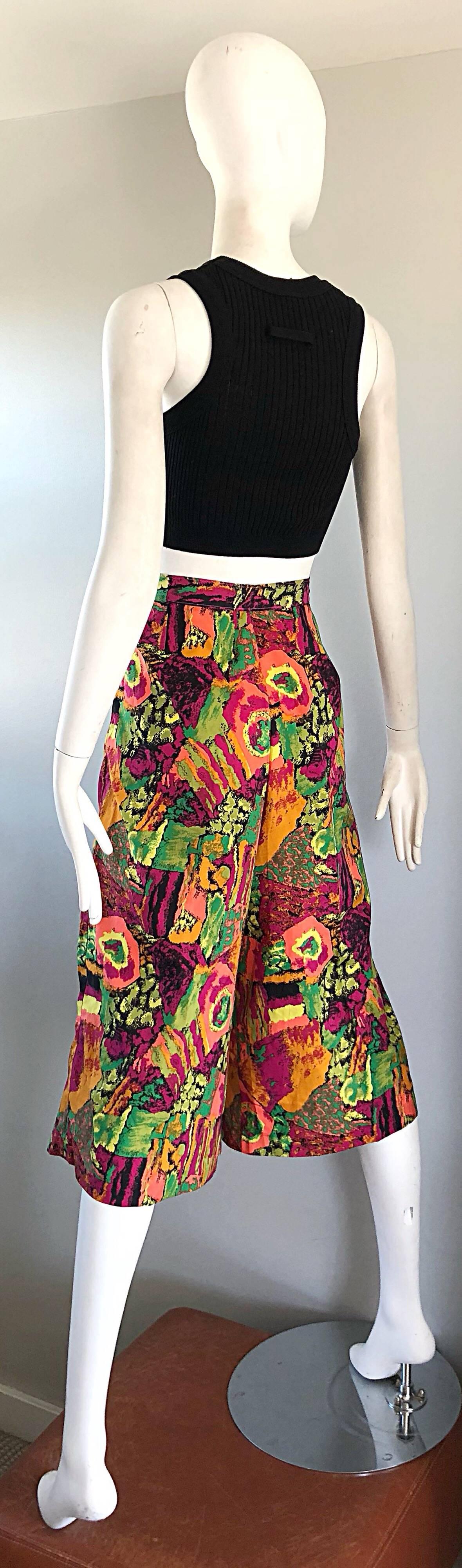1980s Colorful Pink + Green + Orange Vintage 80s High Waisted Wide Leg Culottes  For Sale 4