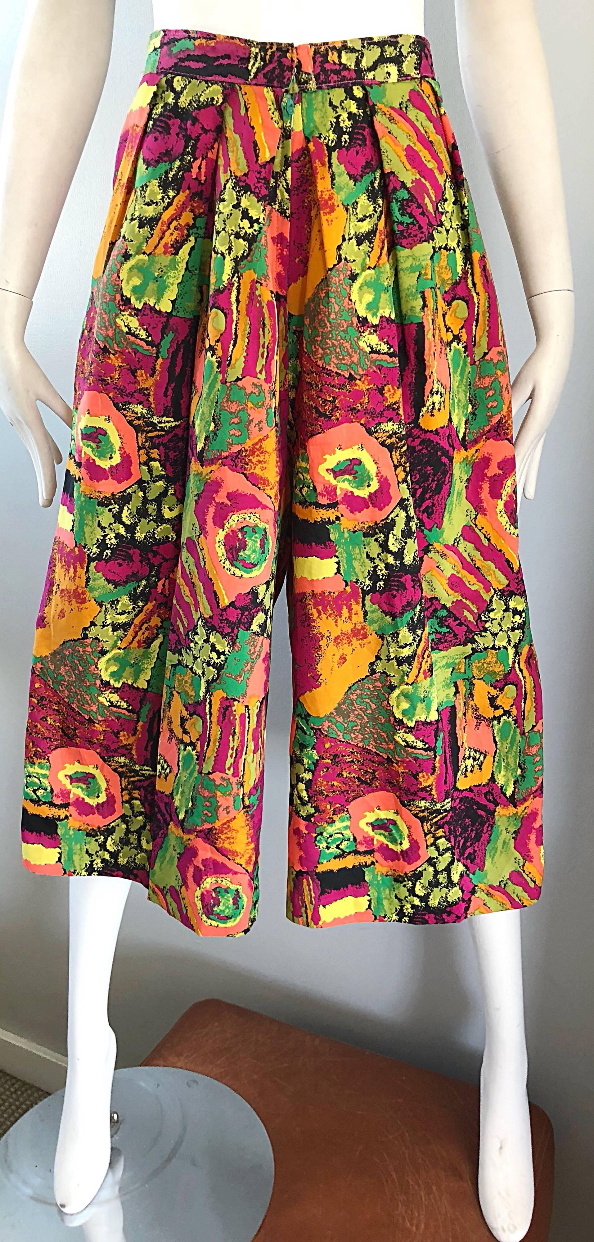 1980s Colorful Pink + Green + Orange Vintage 80s High Waisted Wide Leg Culottes  For Sale 5