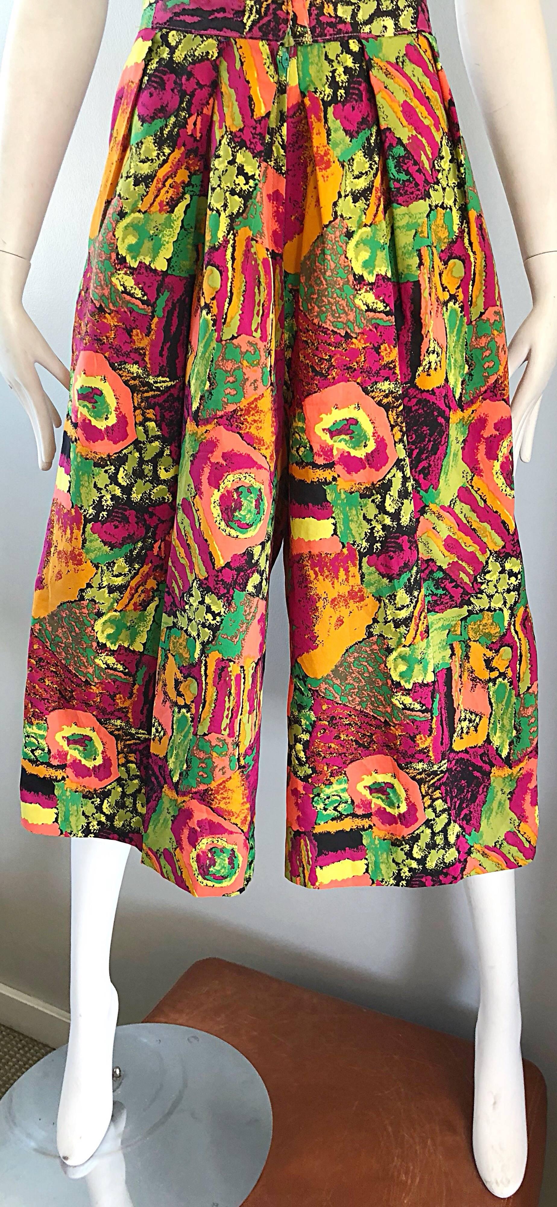 1980s Colorful Pink + Green + Orange Vintage 80s High Waisted Wide Leg Culottes  For Sale 6