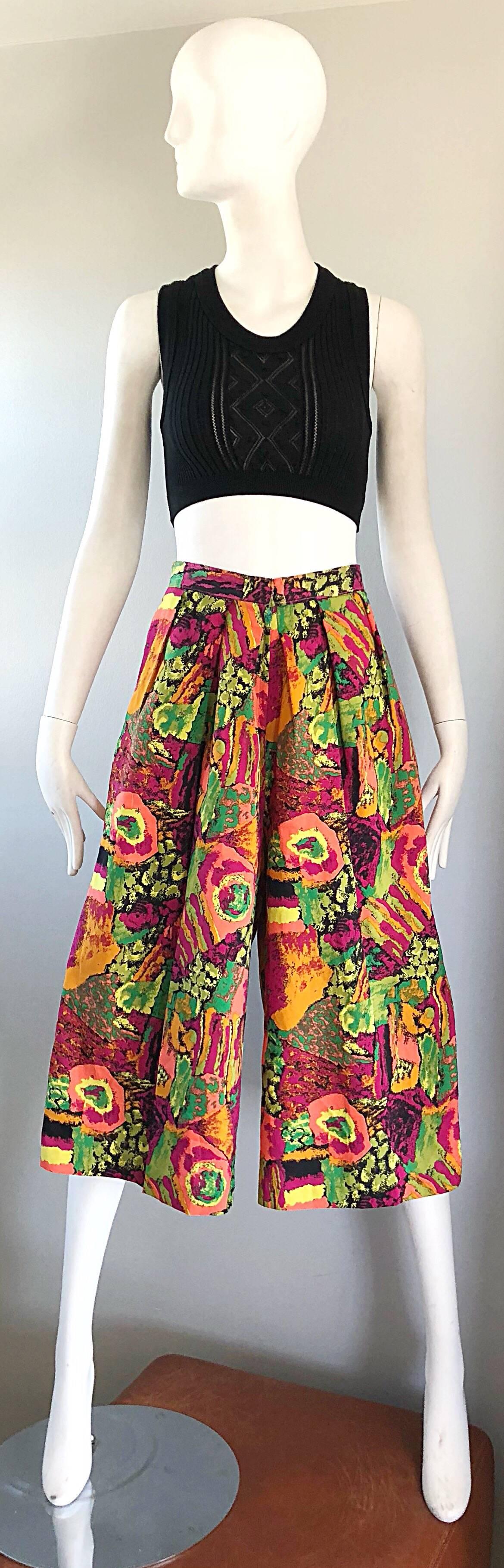 1980s Colorful Pink + Green + Orange Vintage 80s High Waisted Wide Leg Culottes  For Sale 7