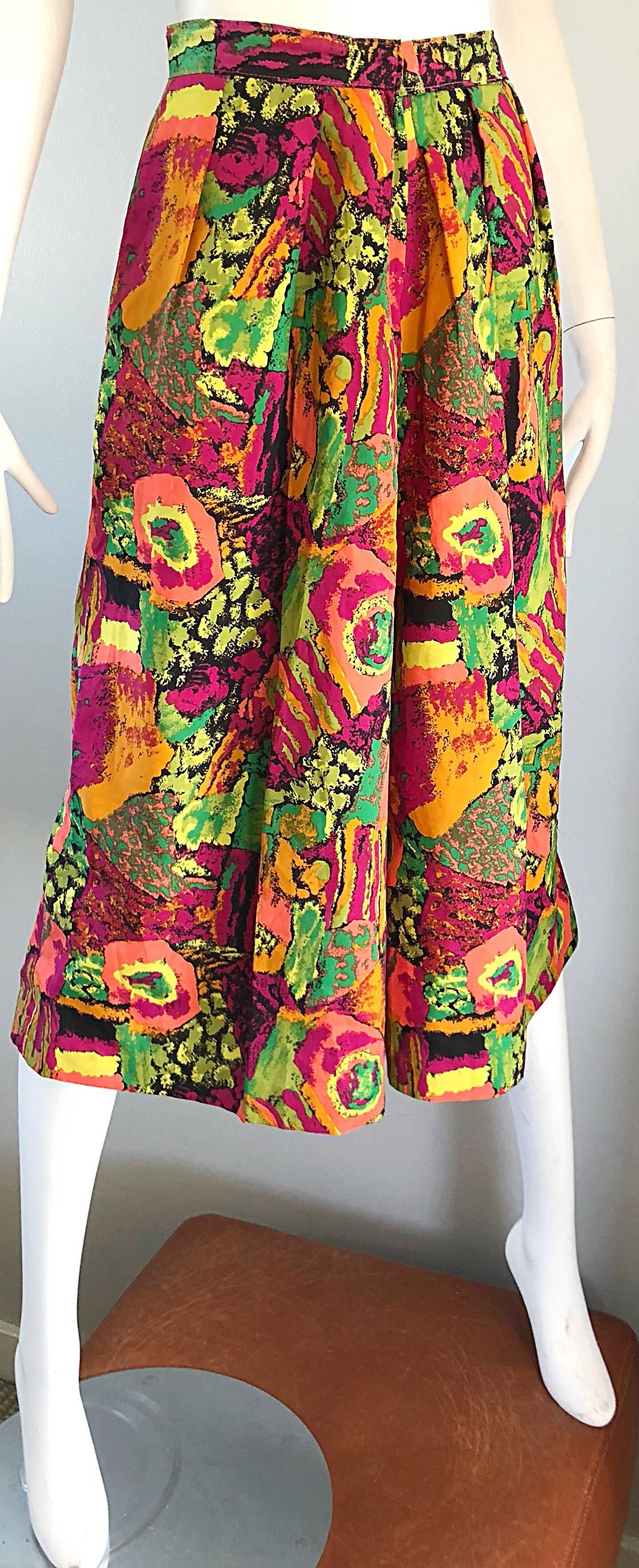 Brown 1980s Colorful Pink + Green + Orange Vintage 80s High Waisted Wide Leg Culottes  For Sale