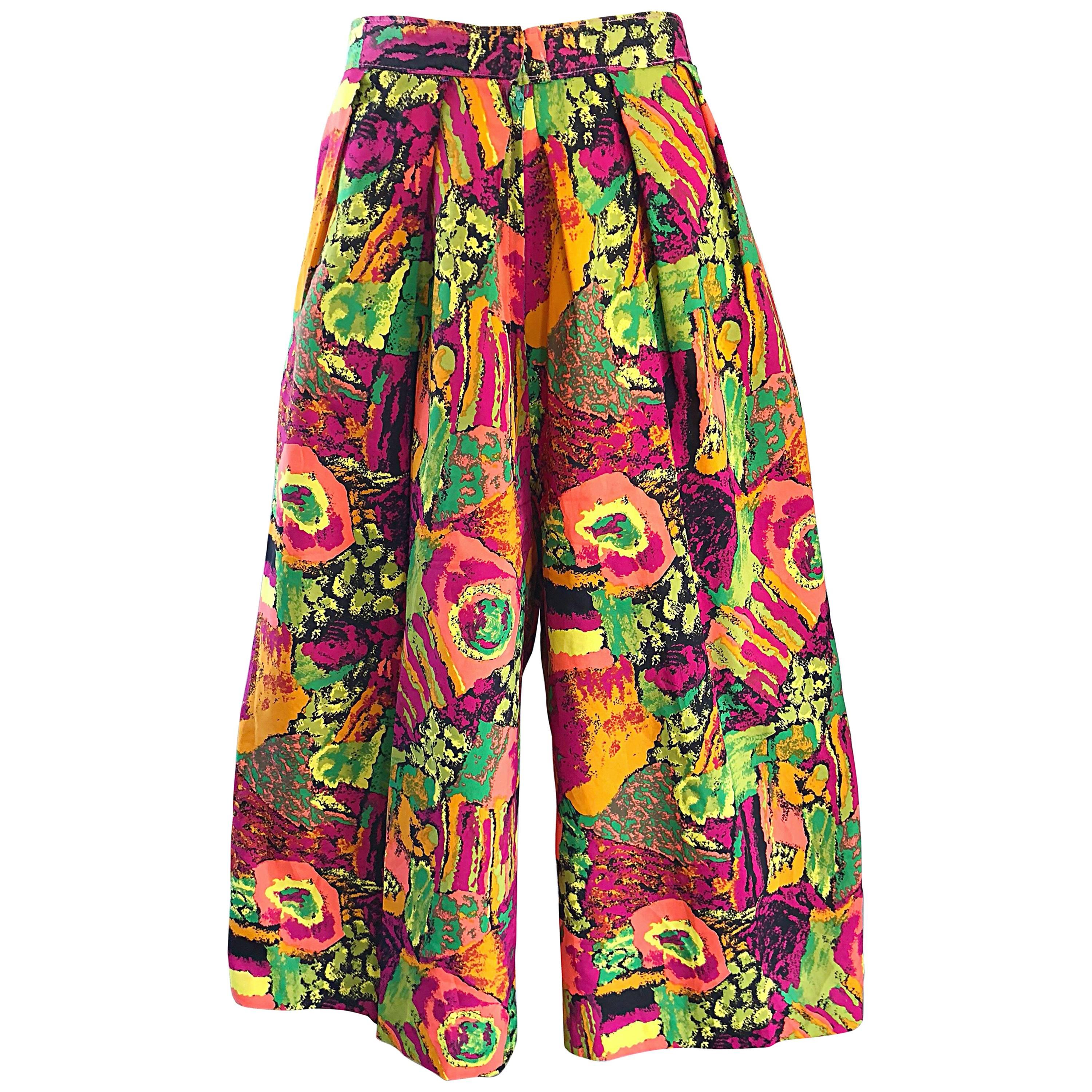 1980s Colorful Pink + Green + Orange Vintage 80s High Waisted Wide Leg Culottes