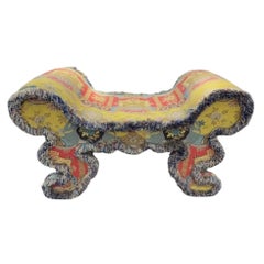 1980s Colorful Upholstered Tapestry Stool Bench With Thick Fringed Trim