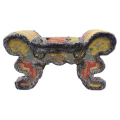 1980s Colorful Upholstered Tapestry Stool Bench With Thick Fringed Trim
