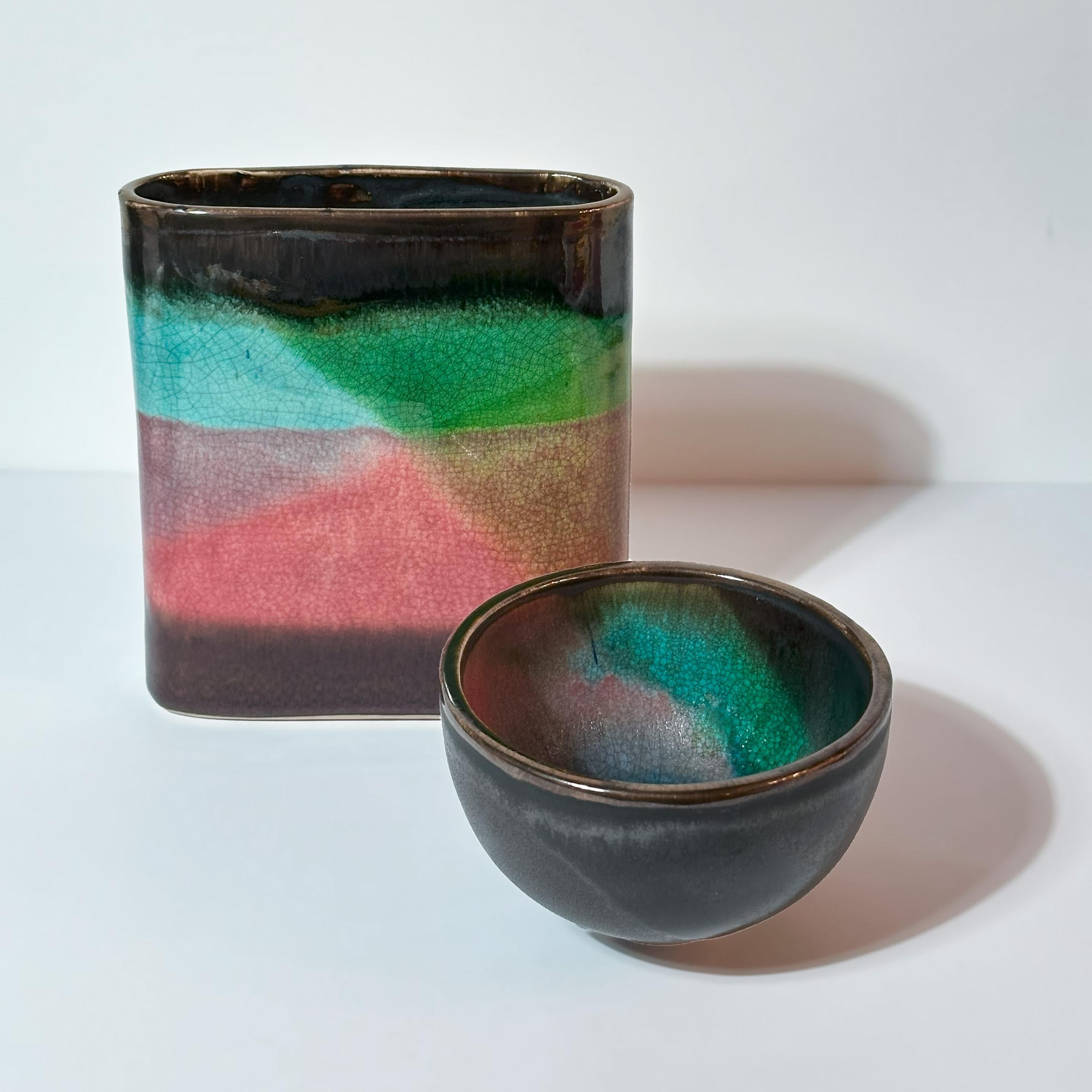 1980s Colourful, Raku Copper Glazed Studio Pottery Set - Bowls and Vase For Sale 3