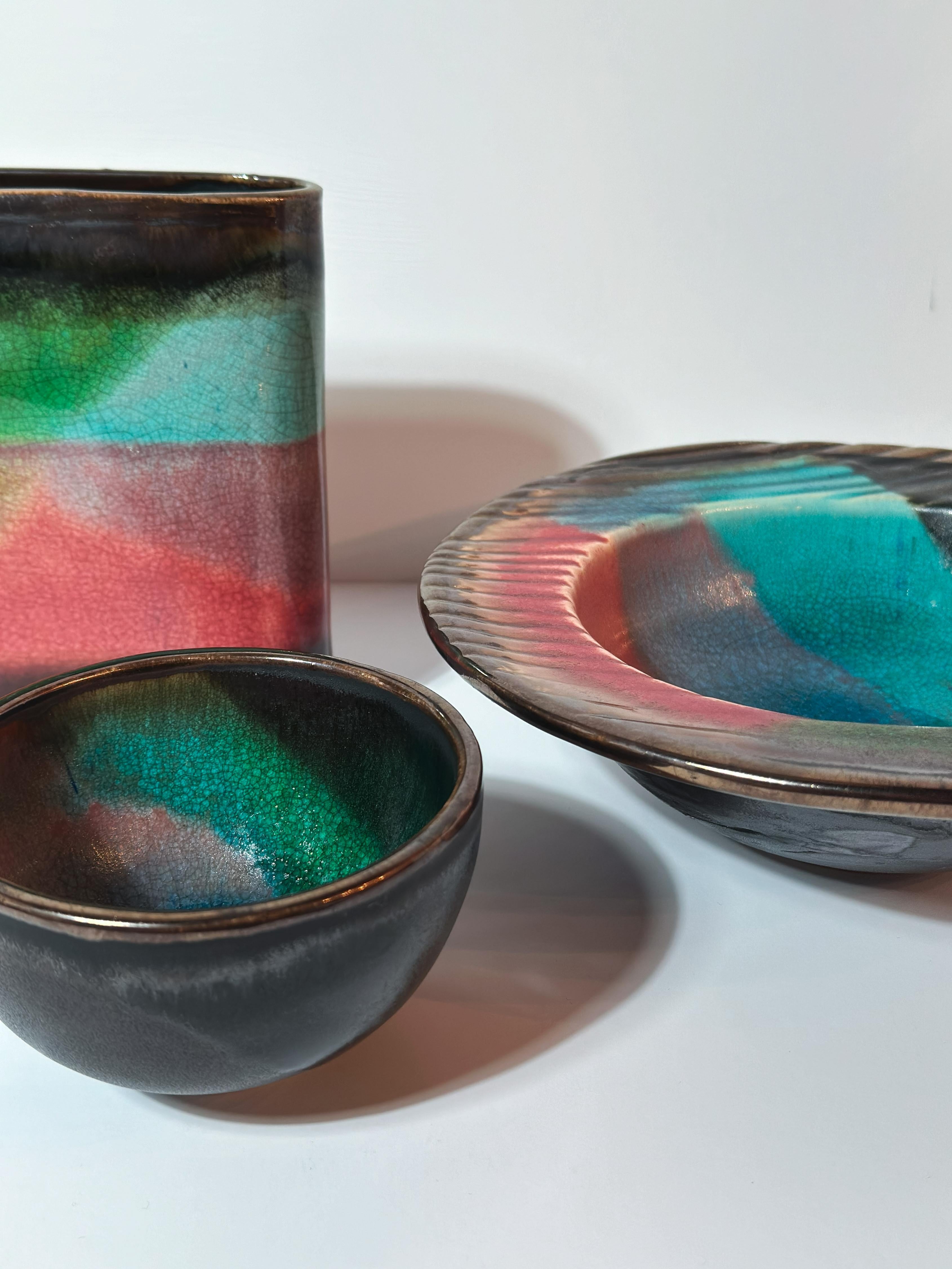 Post-Modern 1980s Colourful, Raku Copper Glazed Studio Pottery Set - Bowls and Vase For Sale