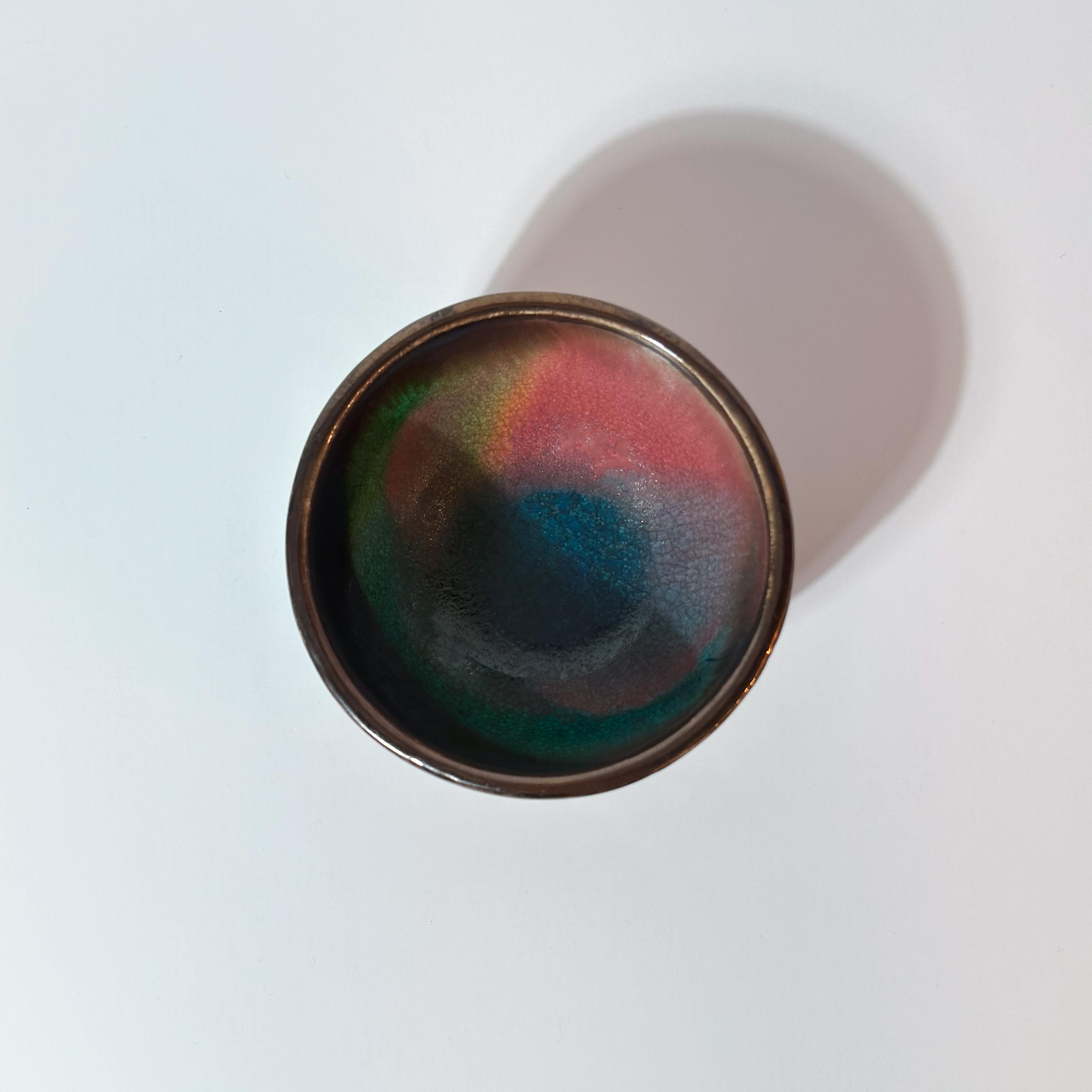 Polychromed 1980s Colourful, Raku Copper Glazed Studio Pottery Set - Bowls and Vase For Sale