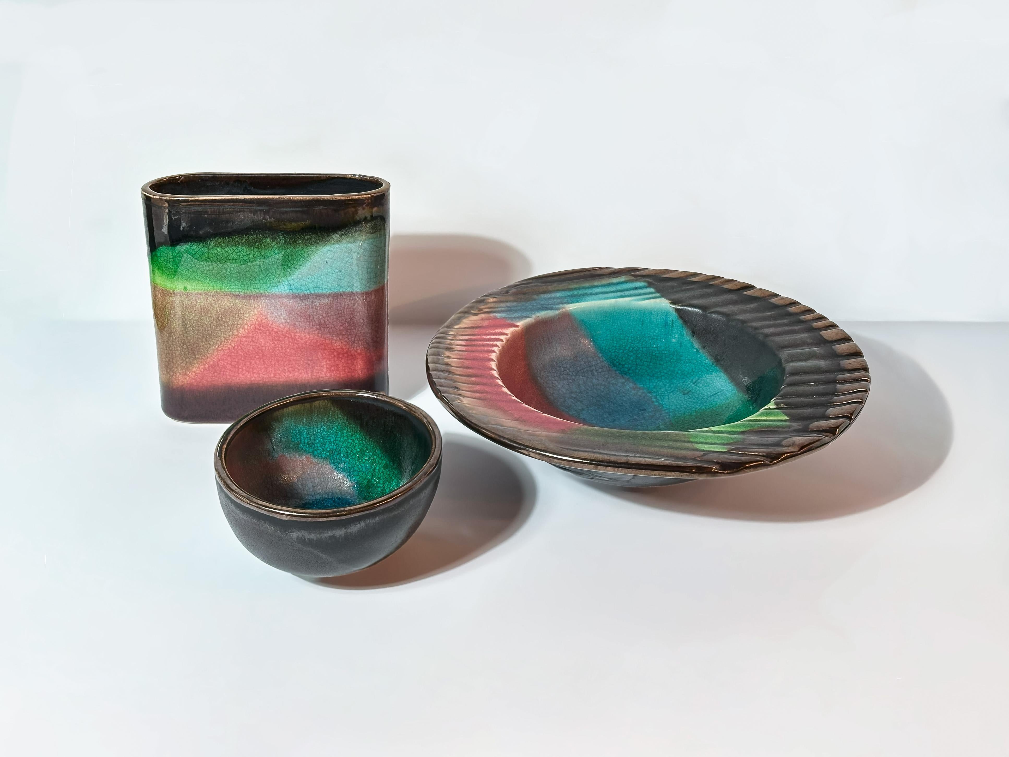 1980s Colourful, Raku Copper Glazed Studio Pottery Set - Bowls and Vase For Sale 1