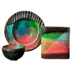 1980er Jahre Buntes, Raku-Kupfer glasiertes Studio Pottery Set - Schalen und Vase