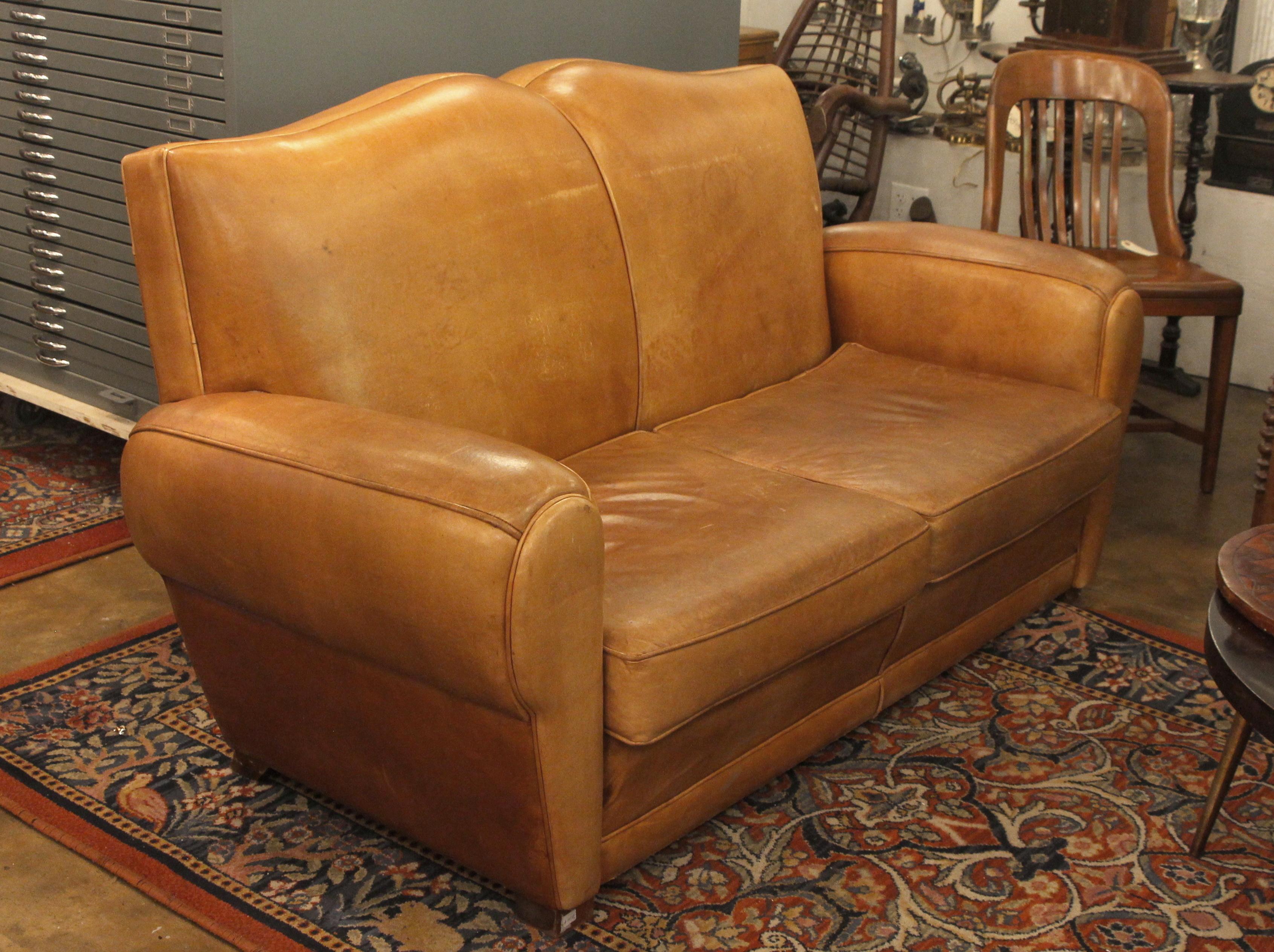 French 1980s Comfy Mustache Style Tan Leather Club Sofa from France