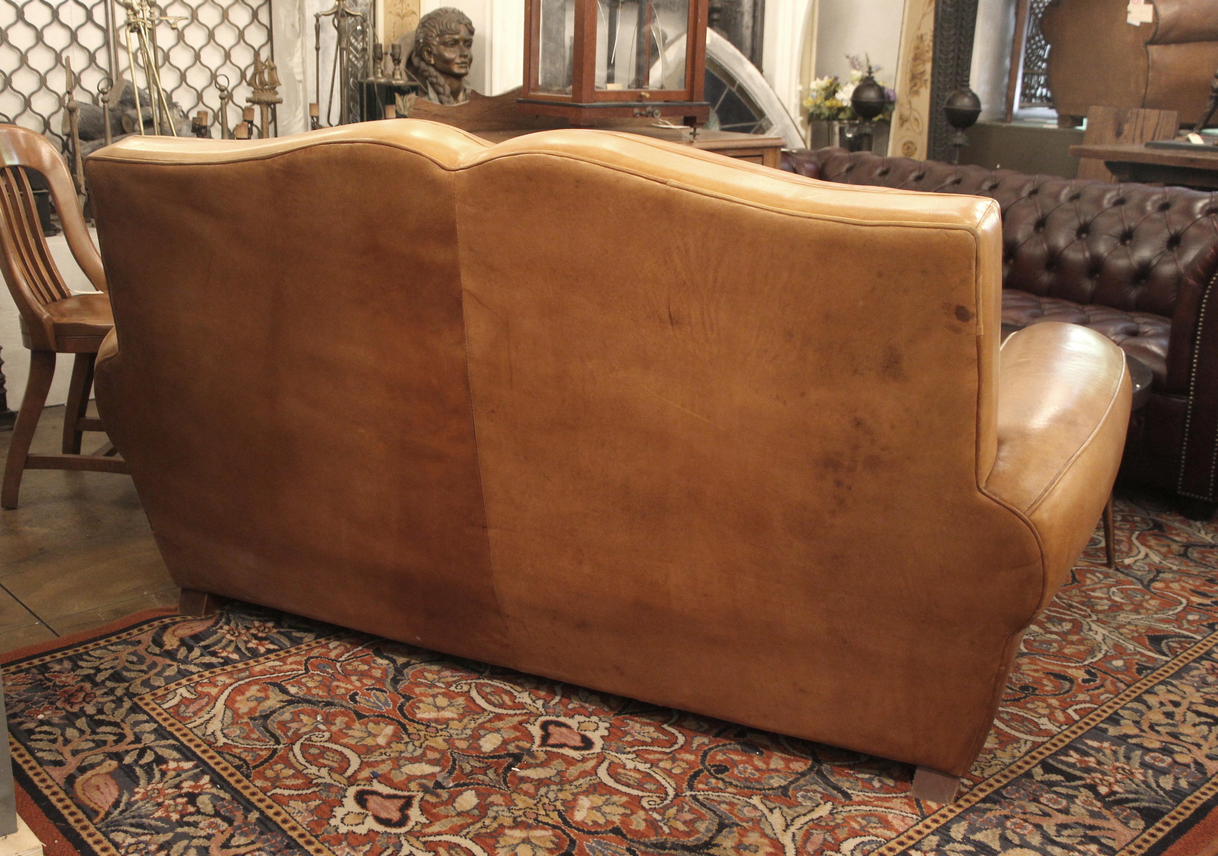 1980s Comfy Mustache Style Tan Leather Club Sofa from France In Good Condition In New York, NY