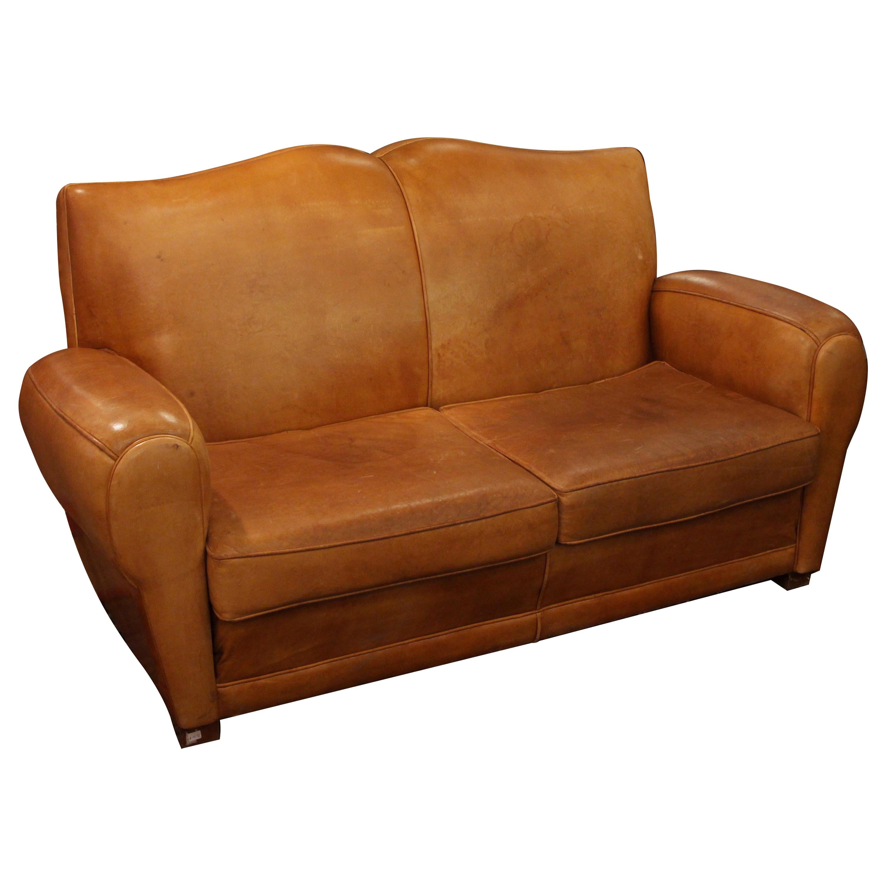 1980s Comfy Mustache Style Tan Leather Club Sofa from France