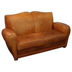 1980s Comfy Mustache Style Tan Leather Club Sofa from France