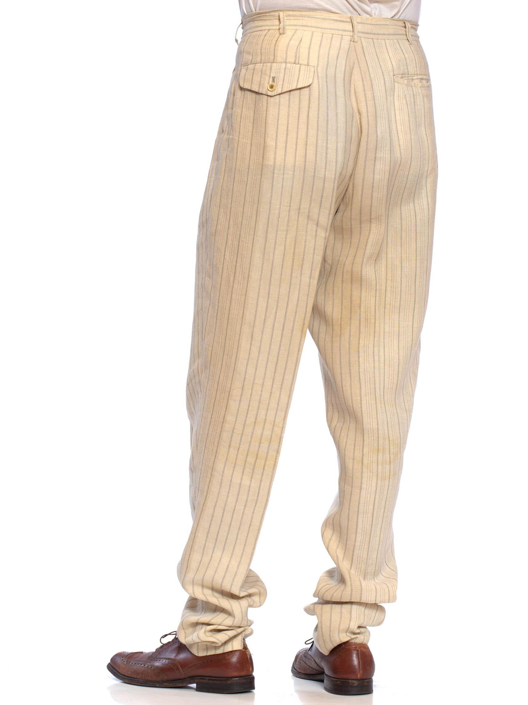 cOMME DES GARCONS 1980S - Pantalon pour homme en lin rayé crème, froncé à l'ourlet