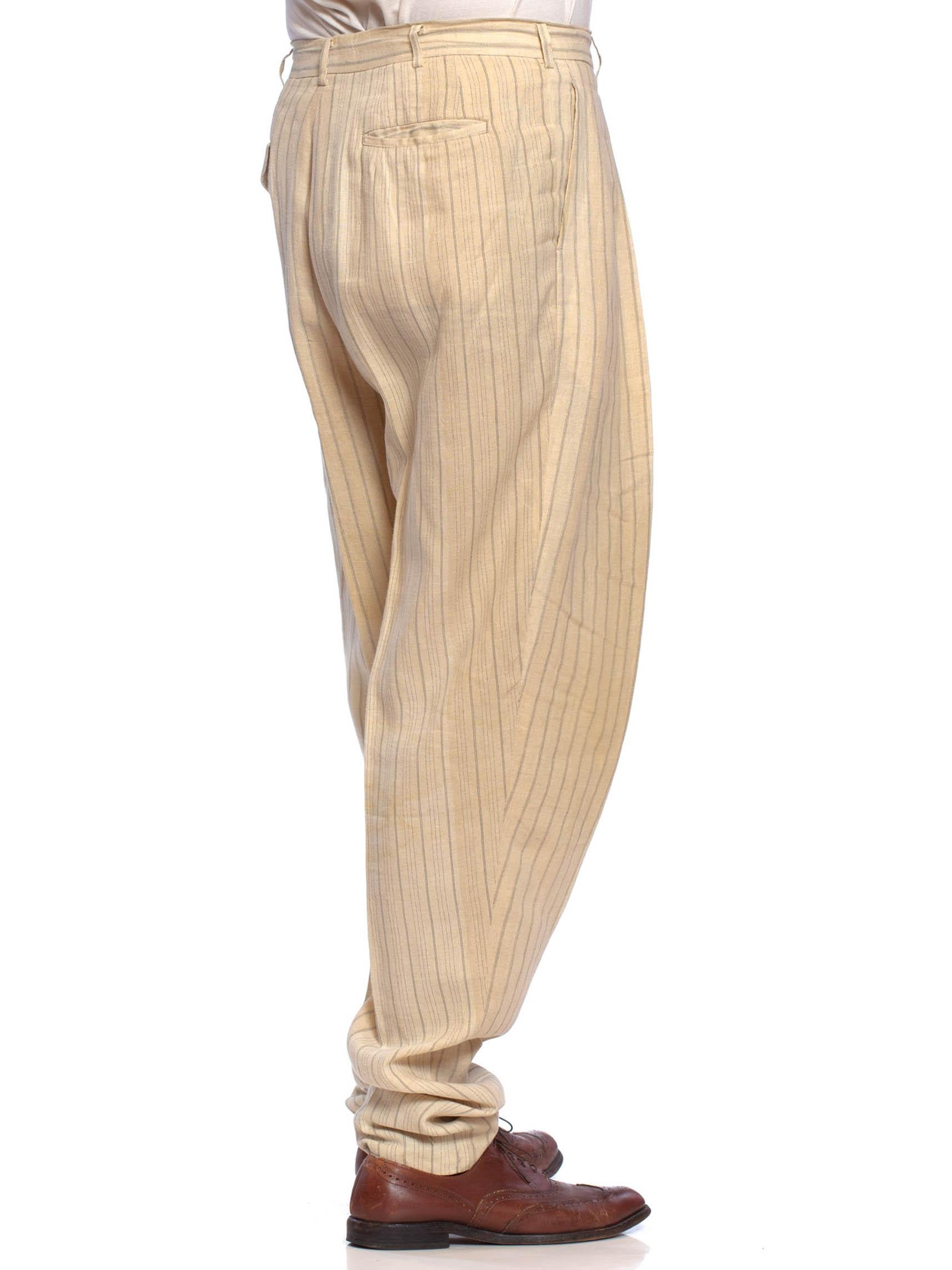 Beige COMME DES GARCONS - Pantalon en lin rayé crème pour homme, froncé à l'ourlet, années 1980 en vente