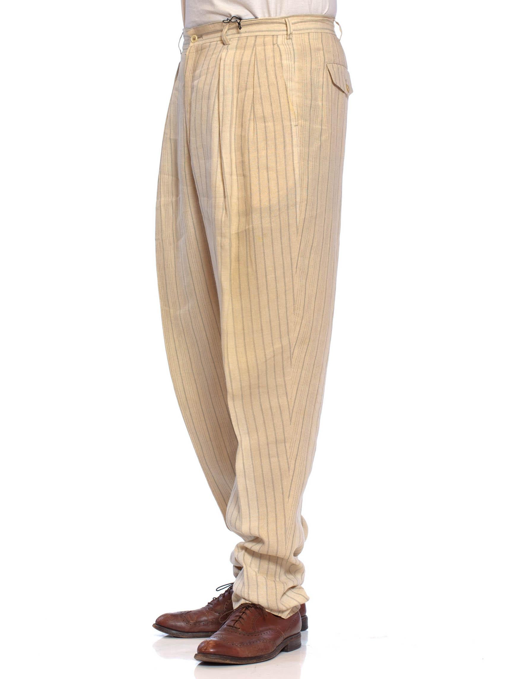 1980S COMME DES GARCONS Creme Striped Linen Mens Pants Which Gather At The  Hem