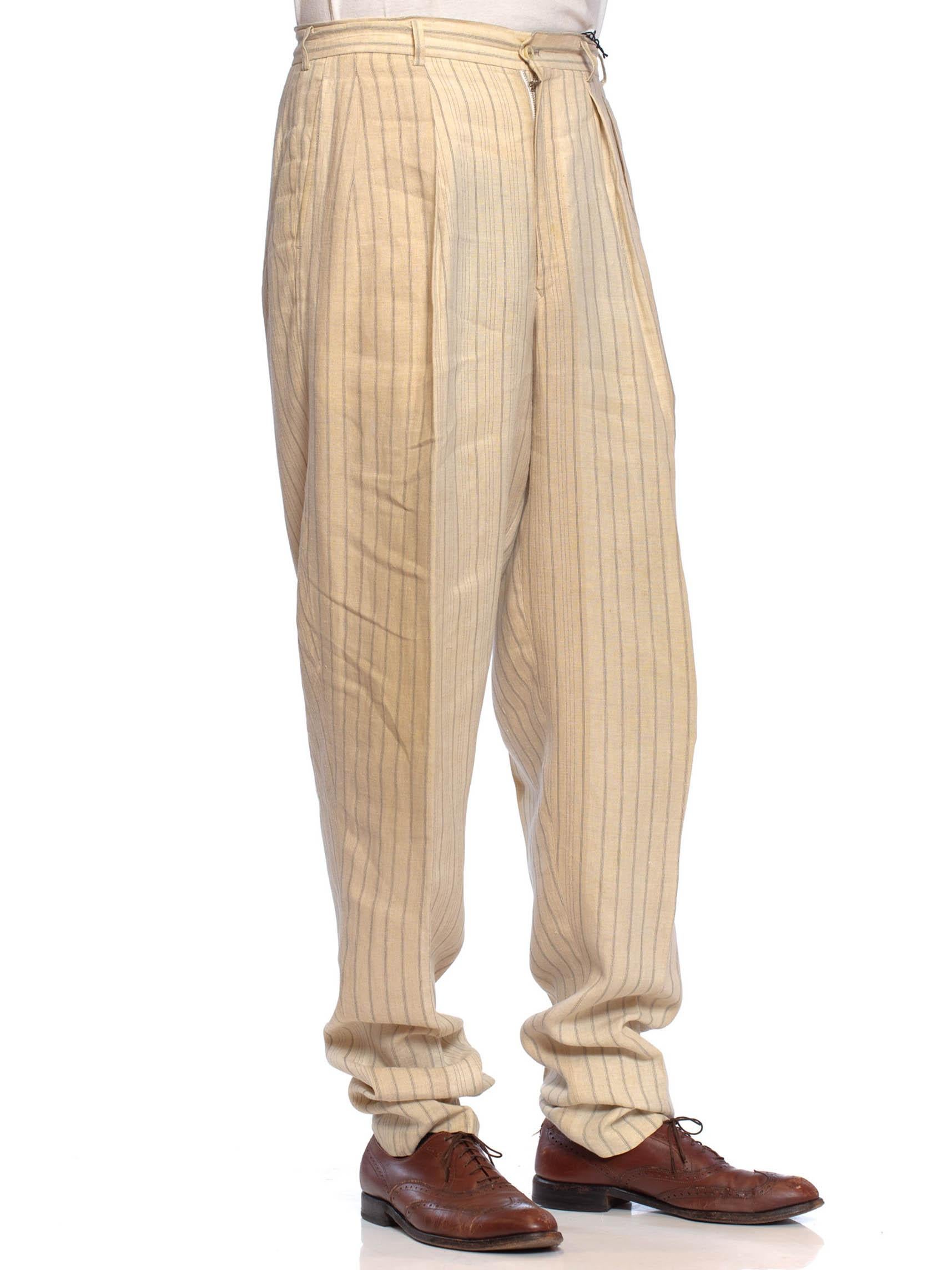 1980S COMME DES GARCONS Creme Striped Linen Mens Pants Which Gather At The Hem In Excellent Condition For Sale In New York, NY