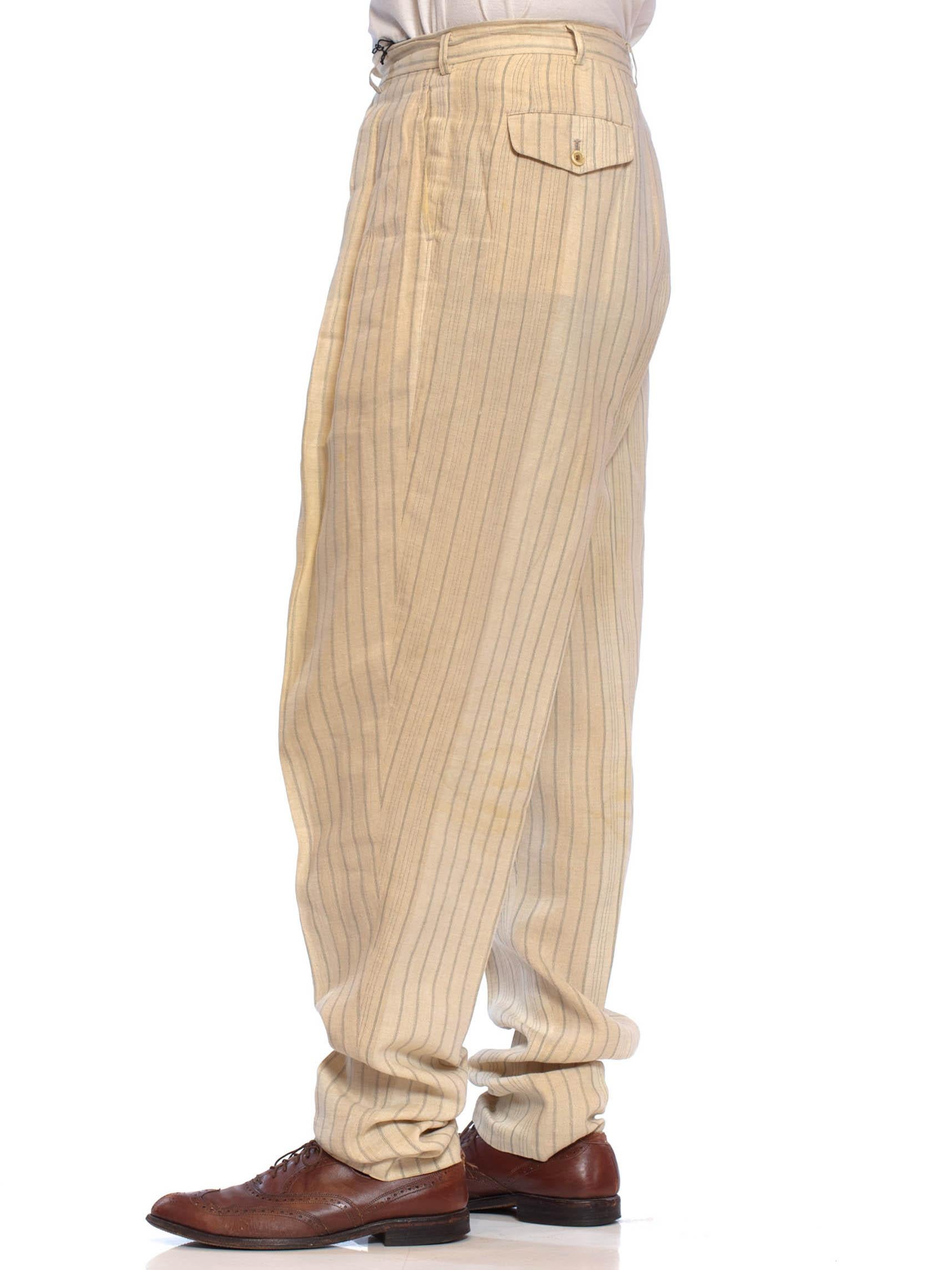 1980er COMME DES GARCONS Cremefarbene gestreifte Leinen-Herrenhosen, die am Saum zusammenlaufen 3