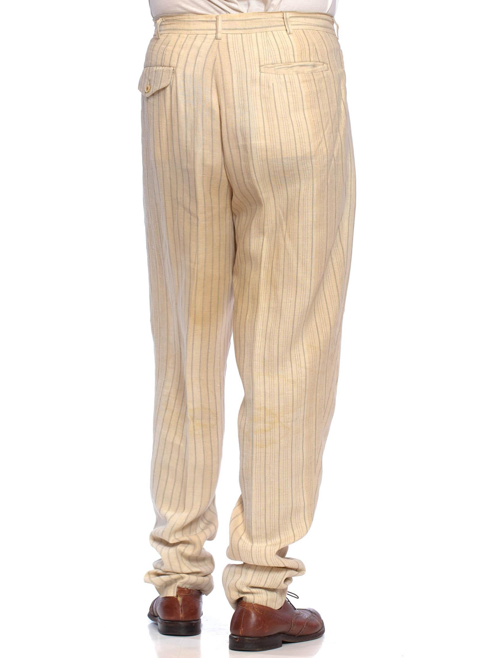 1980S COMME DES GARCONS Creme Striped Linen Mens Pants Which Gather At The Hem For Sale 1