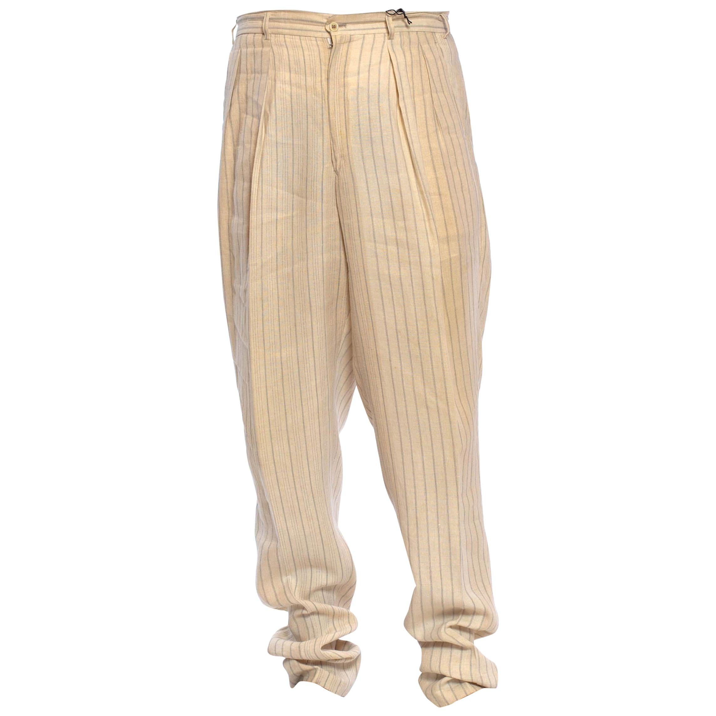 1980S COMME DES GARCONS Creme Striped Linen Mens Pants Which Gather At The Hem