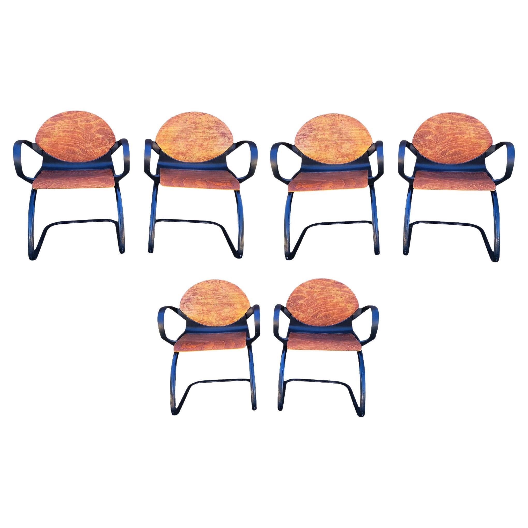 1980s Contemporary Wood and Metal Dining Chairs, Set of 6