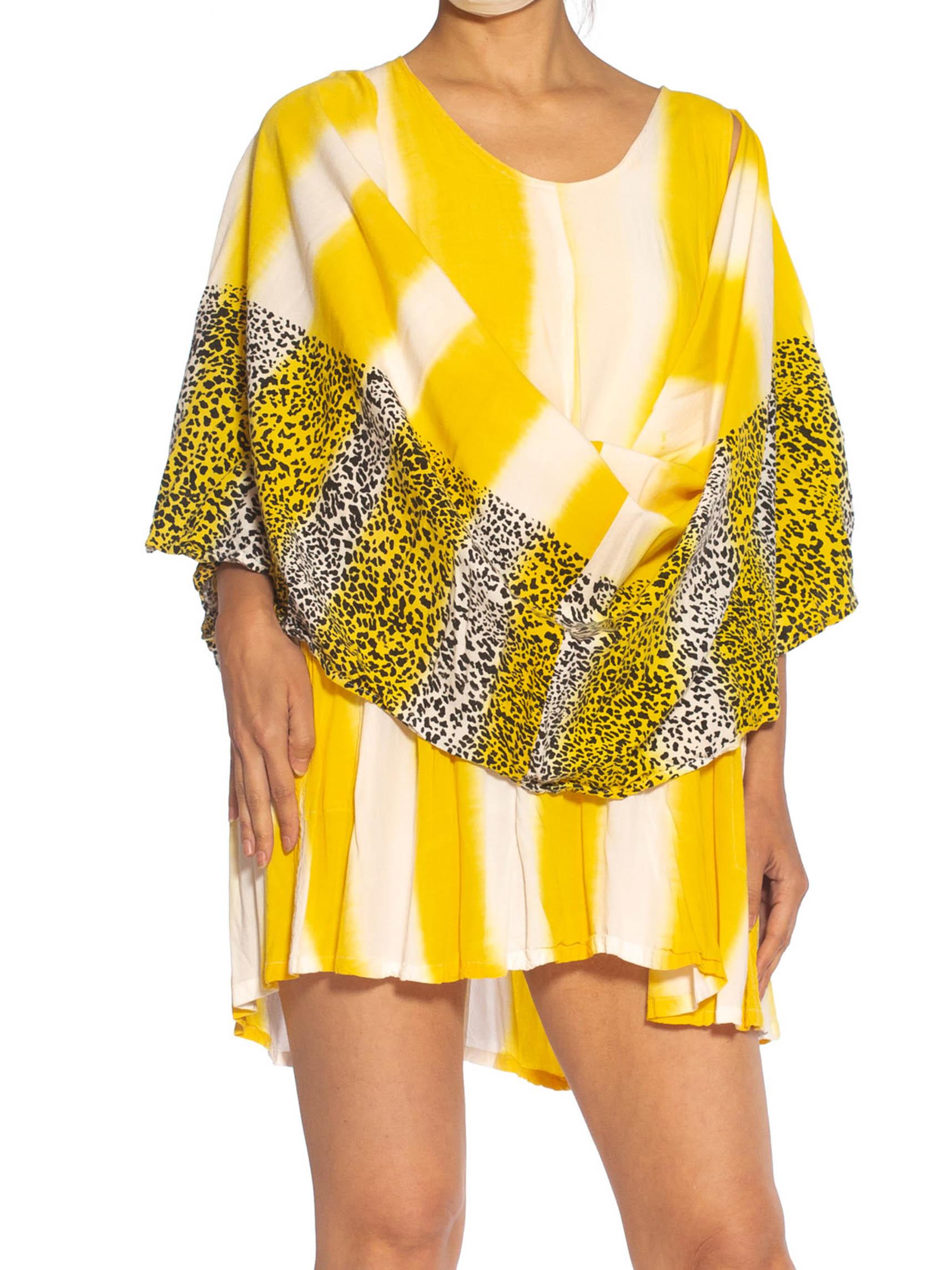 Orange 1980S Yellow & White  Striped Rayon With Leopard Print Border Sleeveless Dress