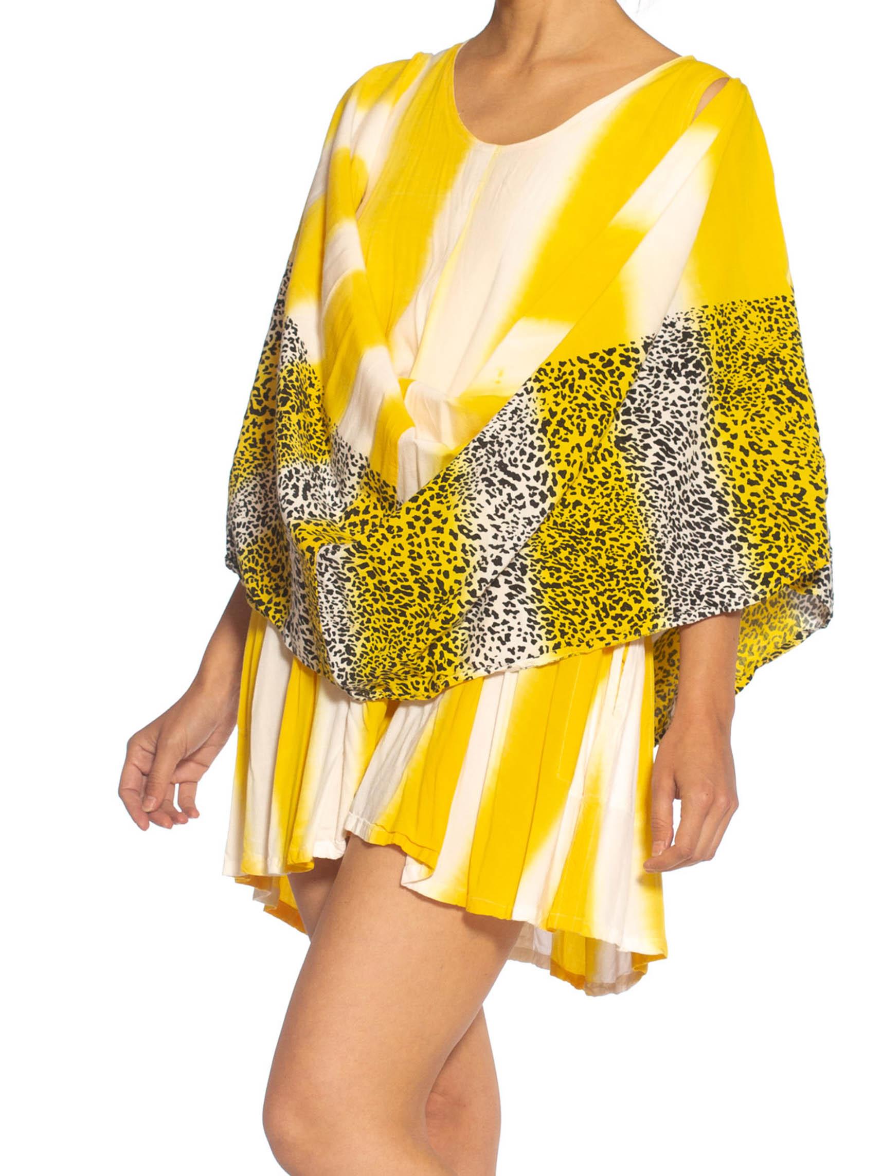 Women's 1980S Yellow & White  Striped Rayon With Leopard Print Border Sleeveless Dress