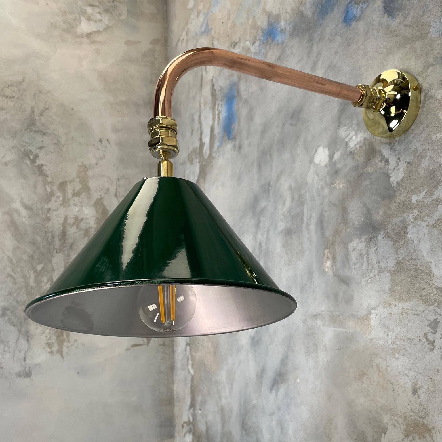 Aluminum 1980's Copper & Brass Cantilever Lamp Green British Army Lamp Shade For Sale