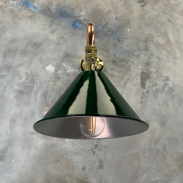 Industrial 1980's Copper & Brass Cantilever Lamp Green British Army Lamp Shade For Sale