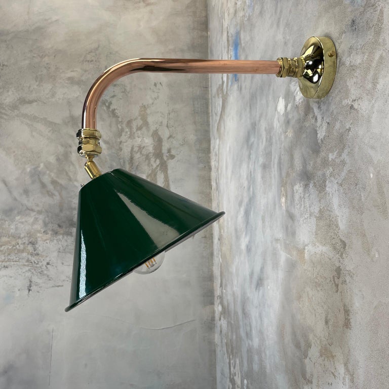 Machine-Made 1980's Copper & Brass Cantilever Lamp Green British Army Lamp Shade For Sale