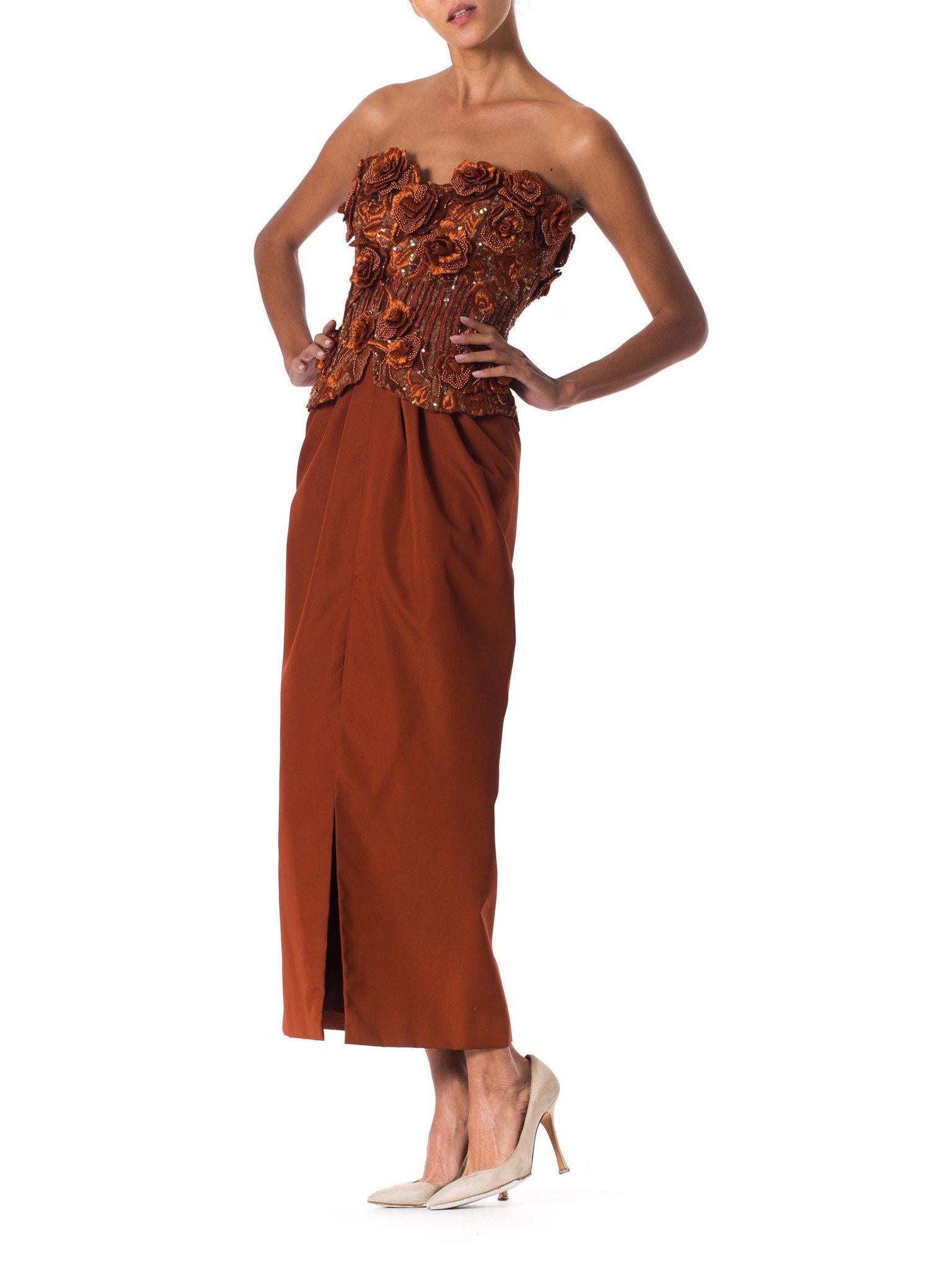 1980S Copper Silk Ottoman Strapless Couture Gown With 3D Embroidered Raffia & Pearl Beaded Flowers