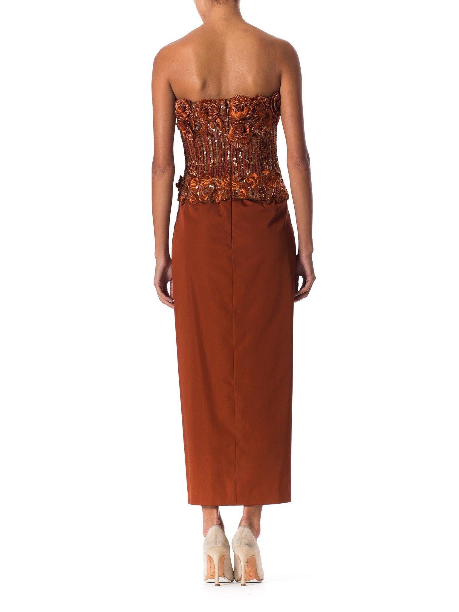 Brown 1980S Copper Silk Ottoman Strapless Couture Gown With 3D Embroidered Raffia & P For Sale