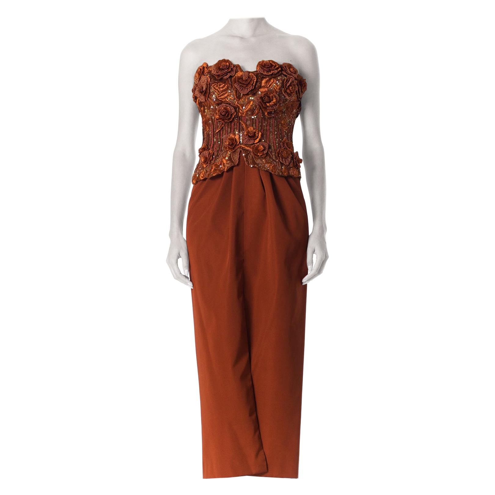 1980S Copper Silk Ottoman Strapless Couture Gown With 3D Embroidered Raffia & P For Sale