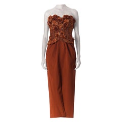 Vintage 1980S Copper Silk Ottoman Strapless Couture Gown With 3D Embroidered Raffia & P