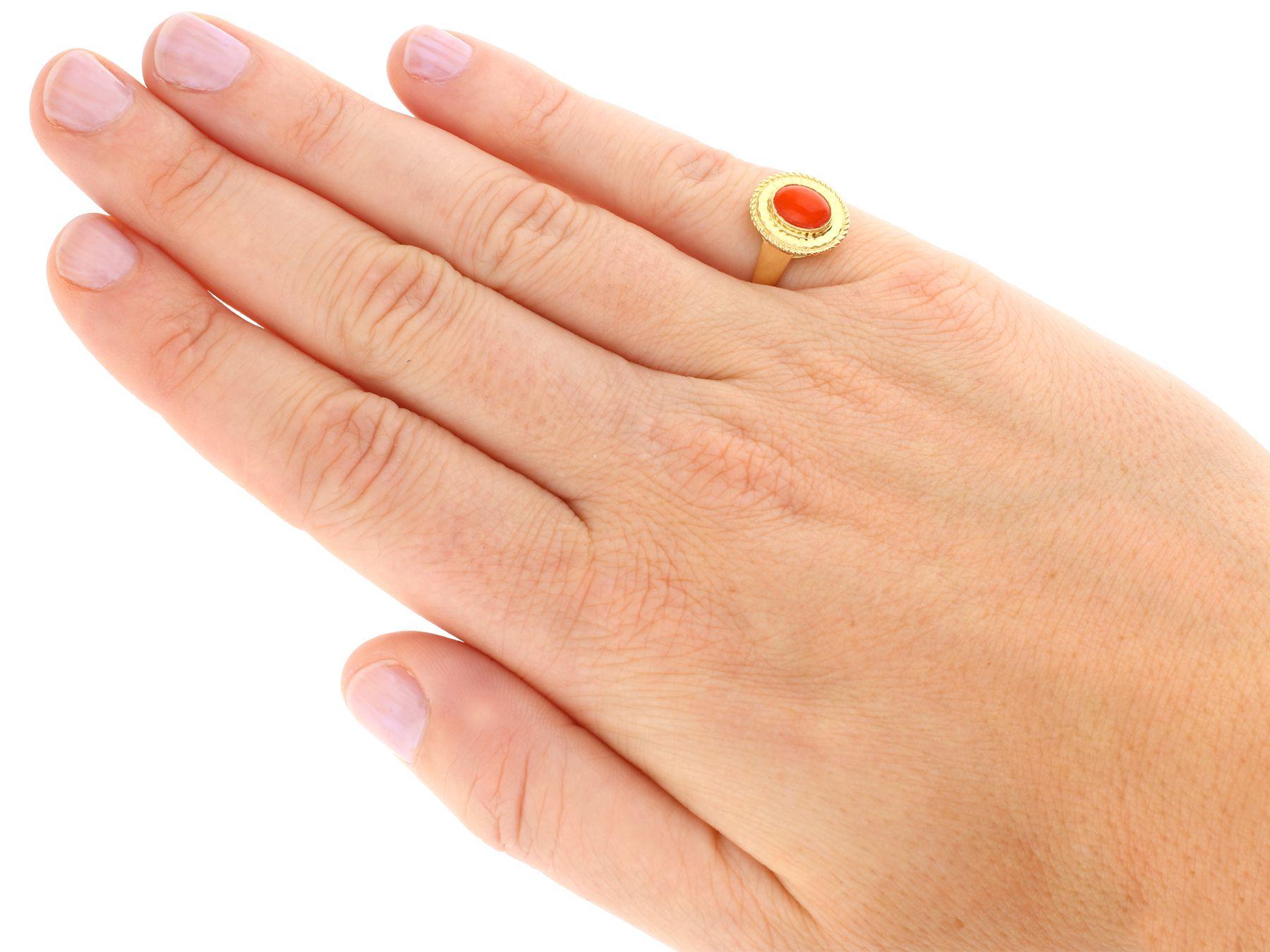 Round Cut Vintage Cabochon Cut Coral and Yellow Gold Cocktail Ring For Sale