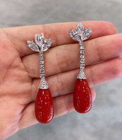 1980s Coral, Diamond and 18K White Gold Drop Earrings