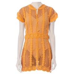 Vintage 1980S Coral Floral Cotton Hand Crochet Short Sleeve Mini Dress