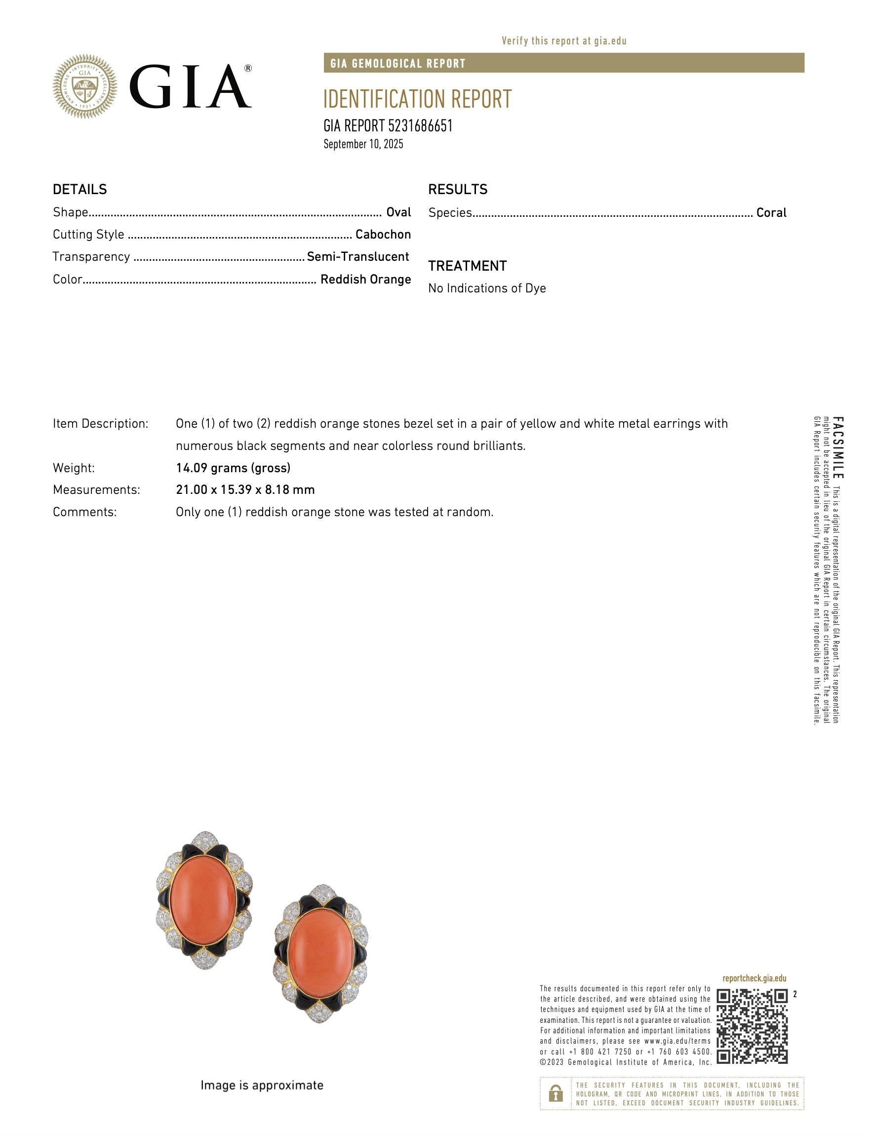 Boucles d'oreilles à pince en corail, onyx, diamant et or jaune 18K des années 1980 Neuf - En vente à Miami, FL