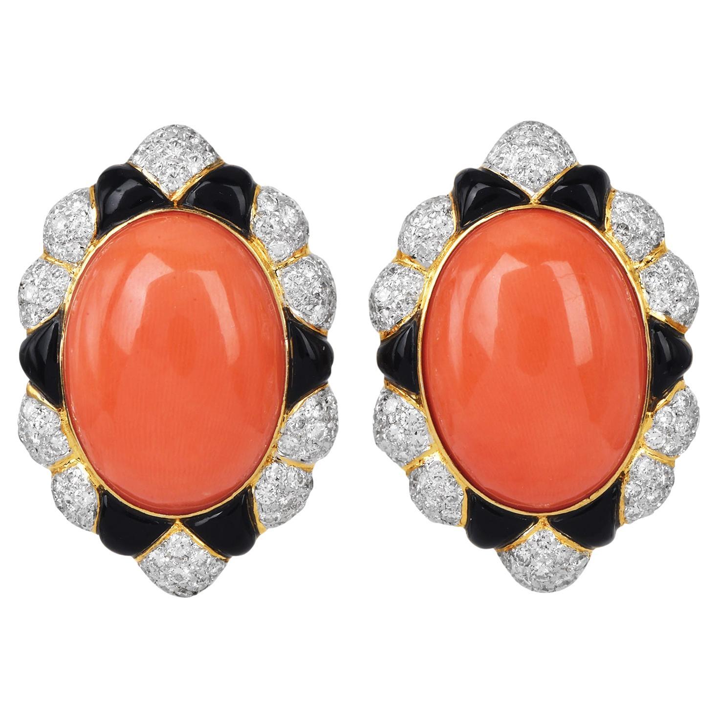 1980s Coral, Onyx, Diamond & 18K Yellow Gold Clip-On Earrings For Sale