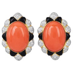 1980s Coral, Onyx, Diamond & 18K Yellow Gold Clip-On Earrings